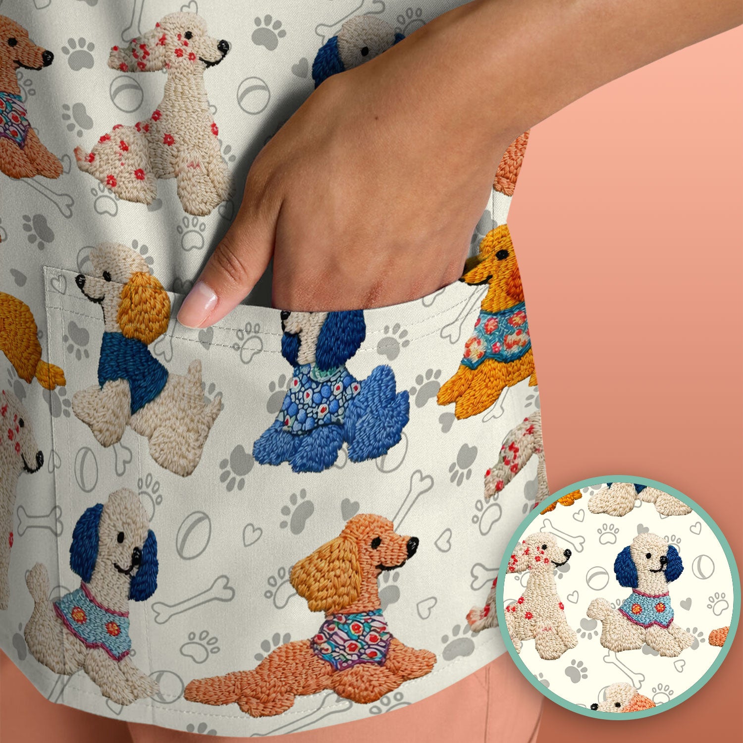 Cute Colorful Poodle Pattern Scrub Top, Comfortable Scrubs for Nurses