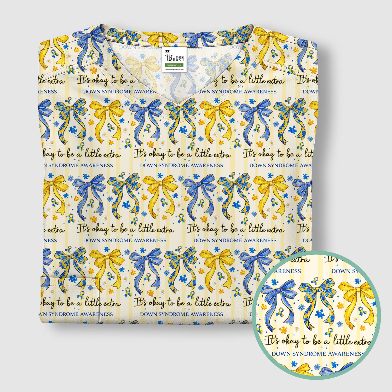 Down Syndrome Awareness Ribbon Pattern Scrub Top Comfortable Nurse Workwear Top