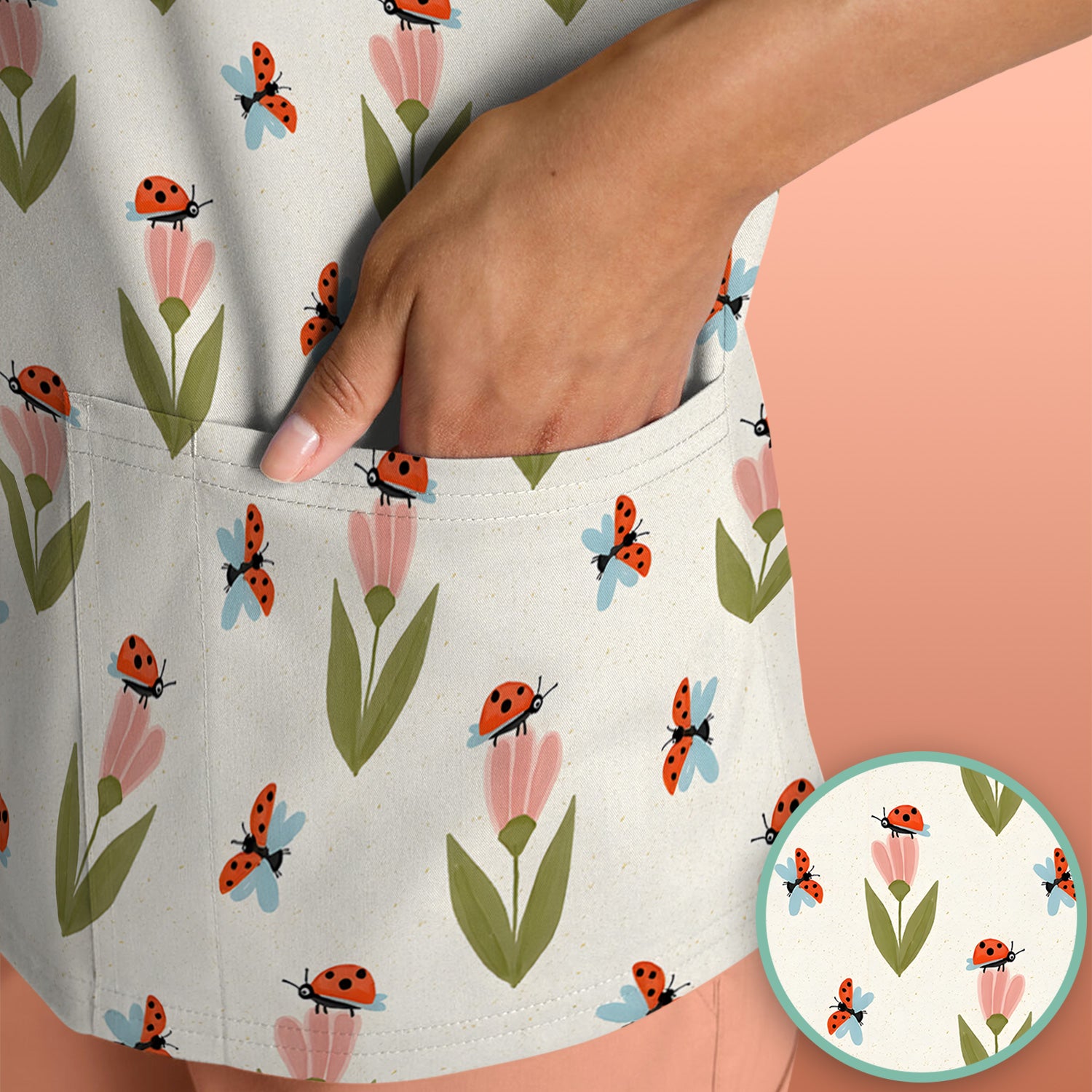 Cute Ladybug Tulip Floral Pattern Scrub Top, Comfortable Scrubs for Nurses