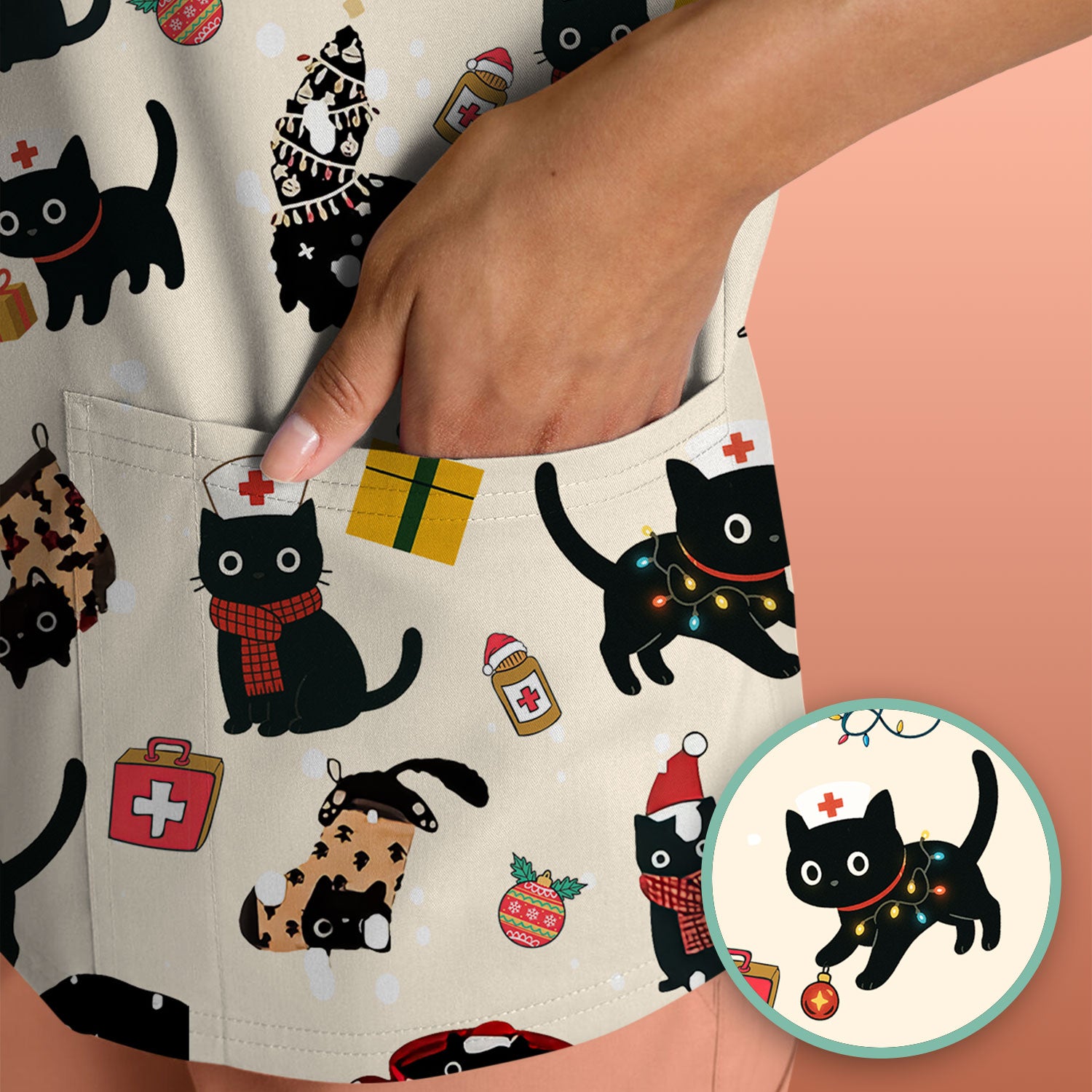 Christmas Cat Scrub Top for Nurse - Funny Black Cats Shirt - Cute Holiday Medical Uniform for Women