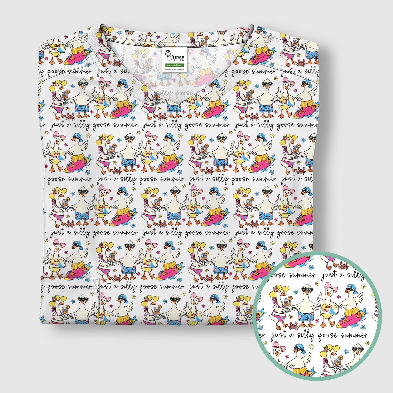 Funny Goose Summer Beach Pattern Scrub Top, Comfortable Scrubs for Nurses