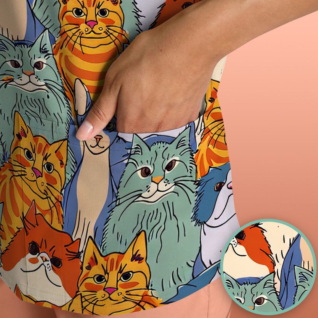 Cute Multicolor Cat Faces Illustration Pattern Scrub Top, Comfortable Scrubs for Nurses