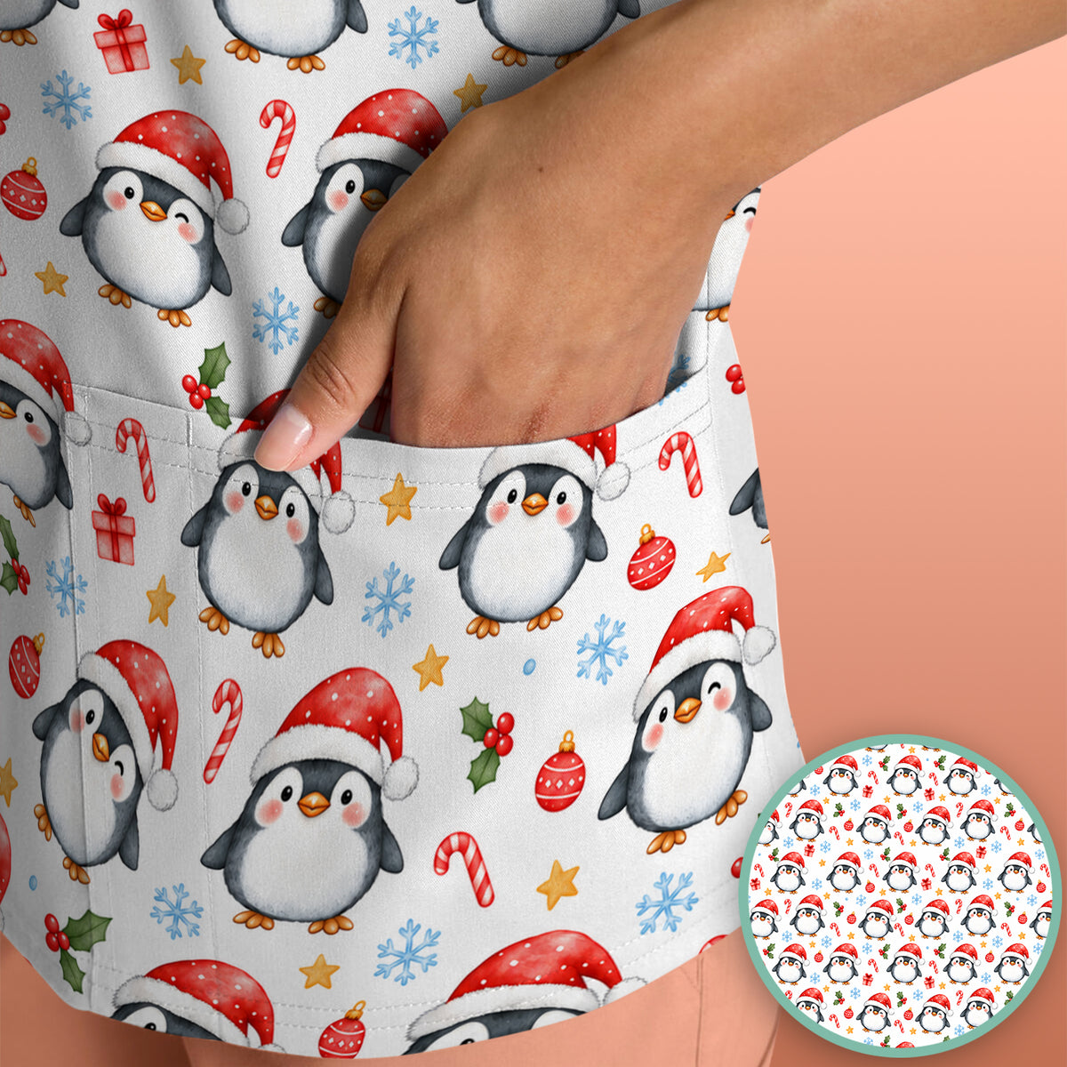 Christmas Penguins In Santa Hats Scrub Top, Comfortable Scrubs for Nurses