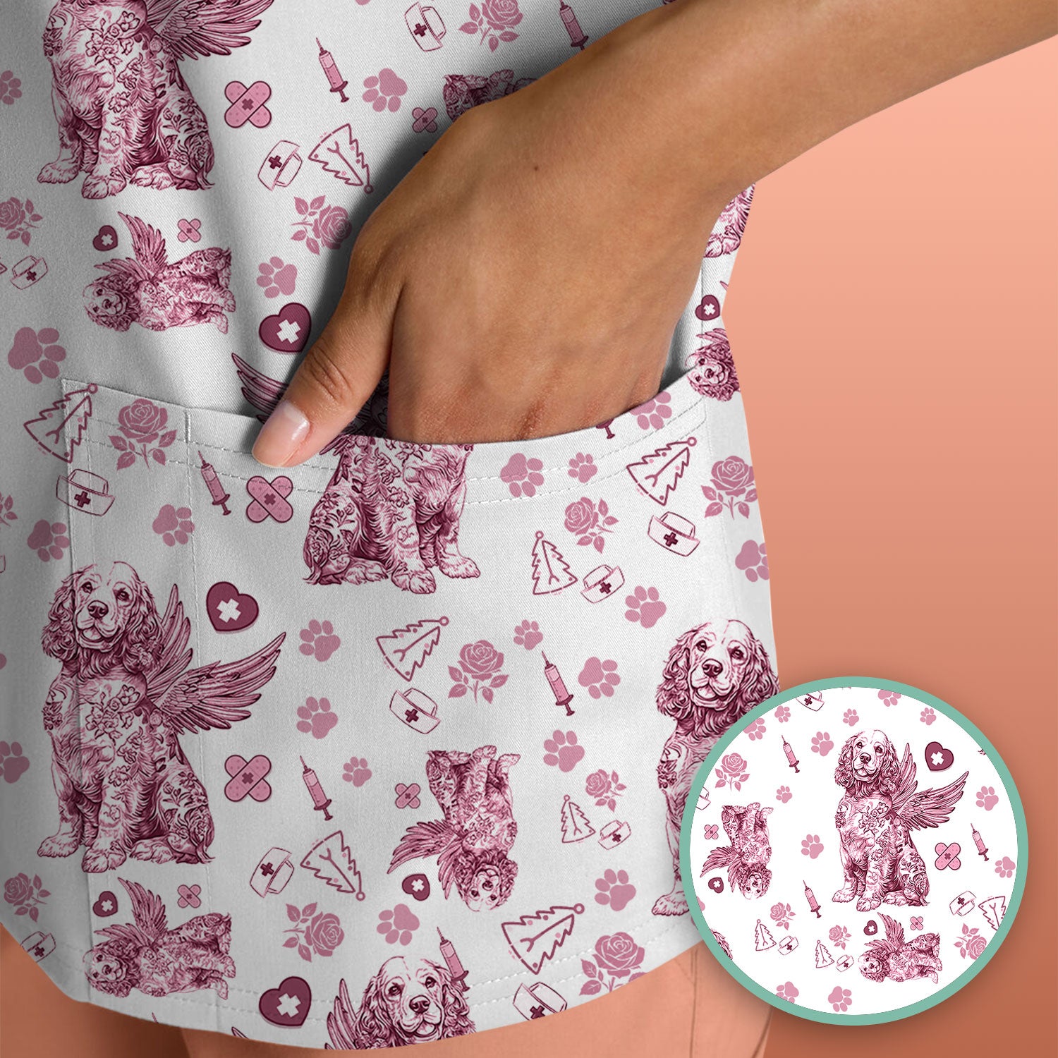 Toile De Jouy Scrubs for Nurses - Angel Puppy Medical Uniform - Floral Dog in Heaven Gift for Women, Vet Techs, RN CNA LPN