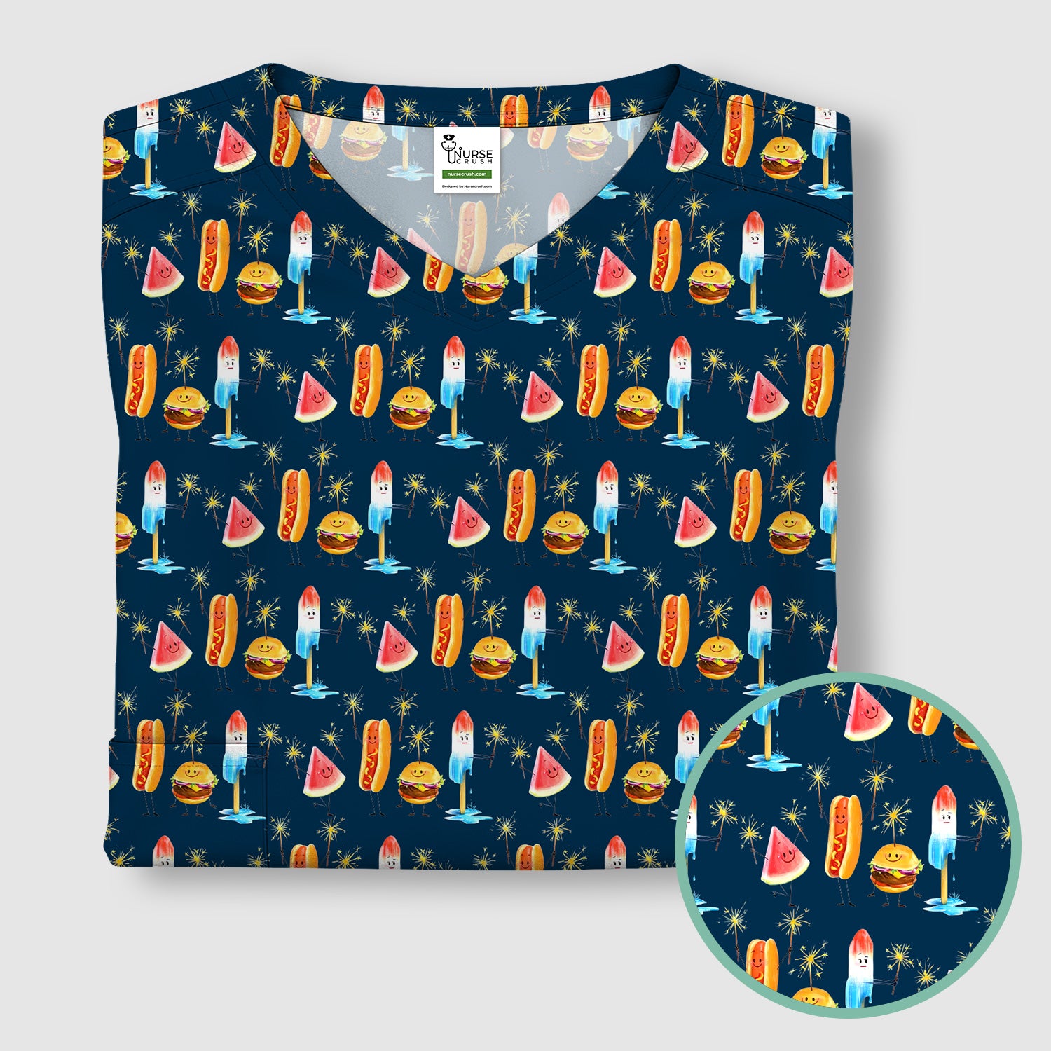 Funny Summer Food Icons Pattern Scrub Top, Comfortable Scrubs for Nurses