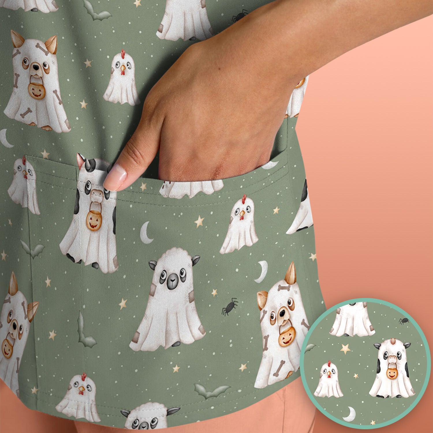 Spooky Farm Animal Ghost Scrub Top, Comfortable Scrubs for Nurses