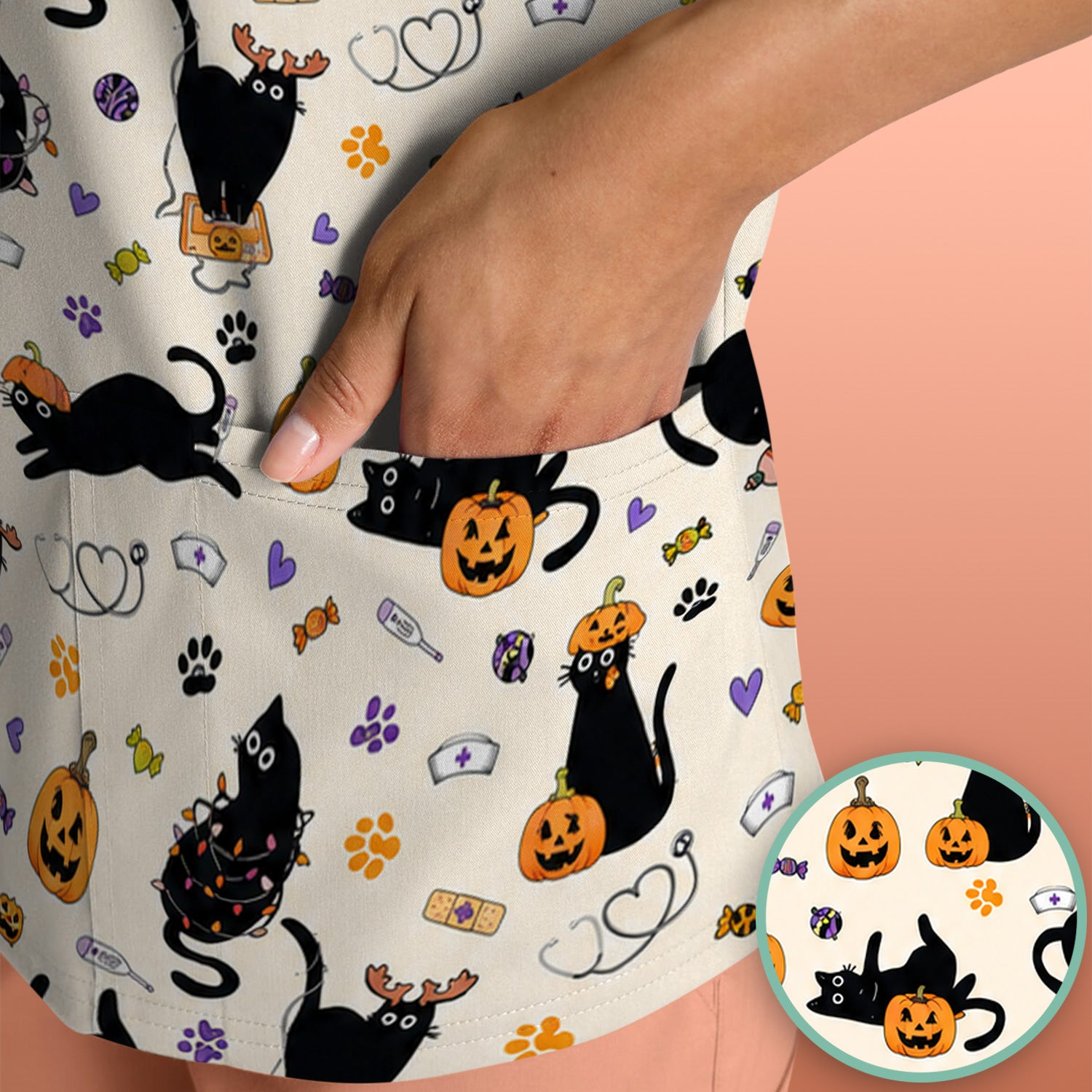 Pumpkin Black Cat Pattern Scrub Top, Comfortable Scrubs for Nurses