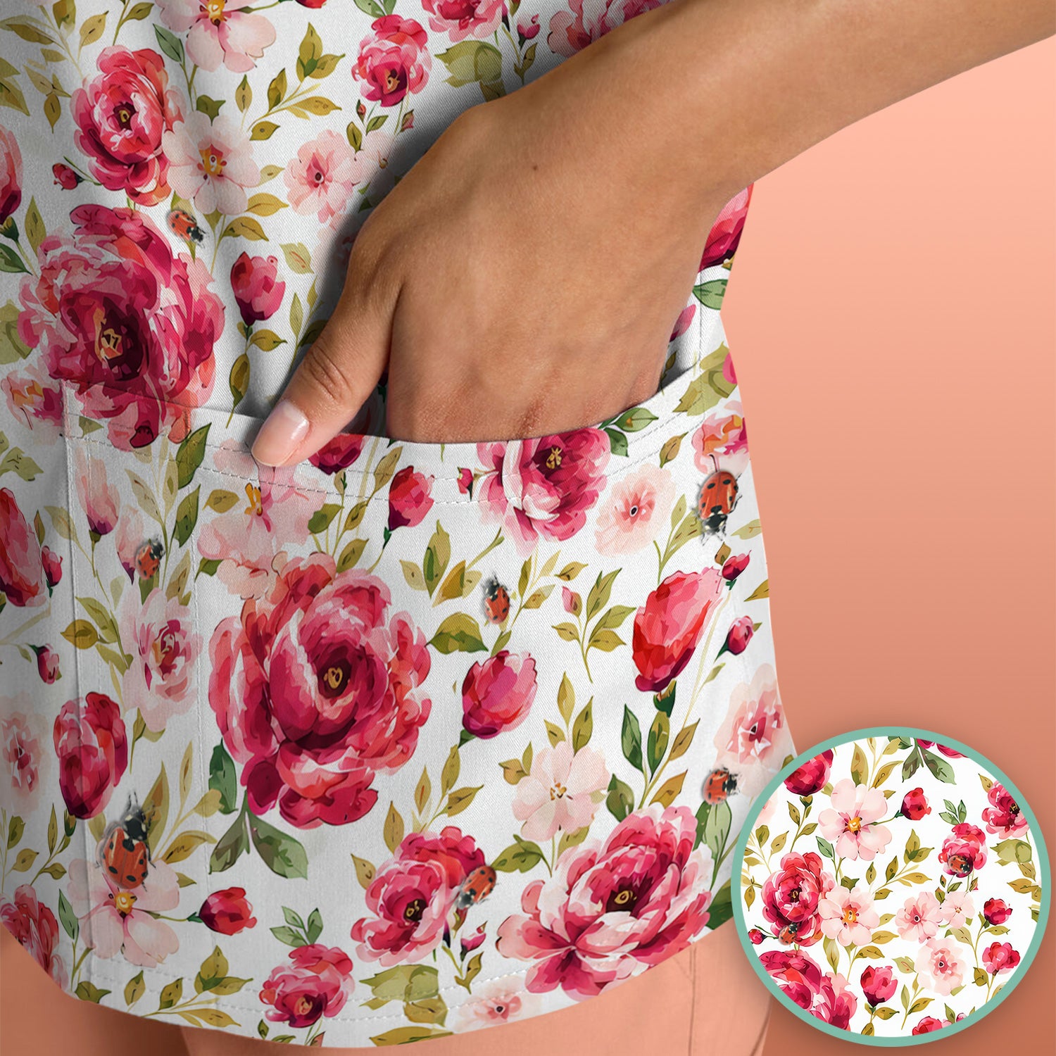 Pink Rose Ladybug Garden Pattern Scrub Top, Comfortable Scrubs for Nurses