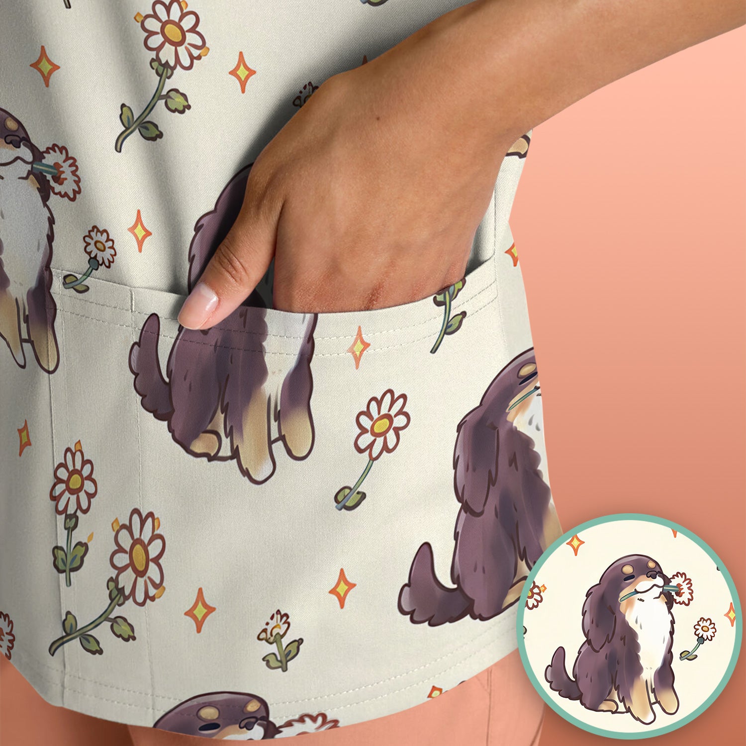 Cute Floral Otter Holding Daisy Pattern Scrub Top, Comfortable Scrubs for Nurses