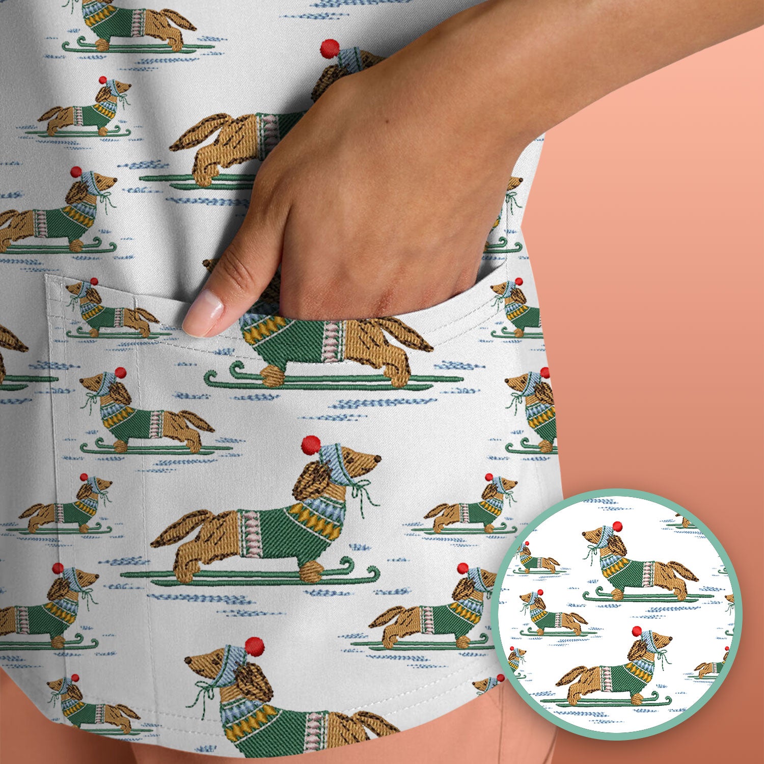Dachshund Nurse Scrub Top, Wiener Dog Winter Pattern Shirt, Breathable Fabrics Nursing Uniform