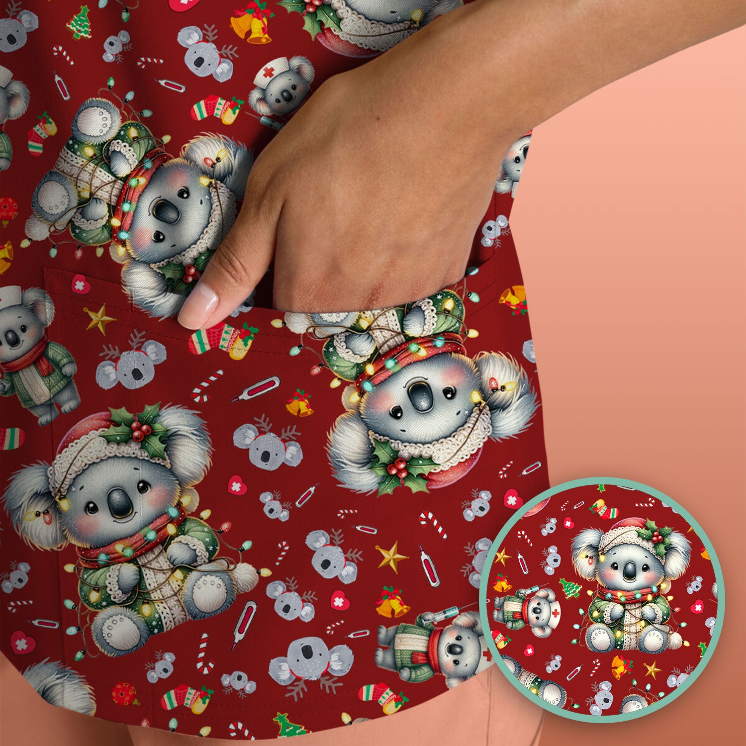Christmas Koala Scrub Top - Cute Aussie Holiday Nurse Shirt for Women - Funny Animal Medical Uniform