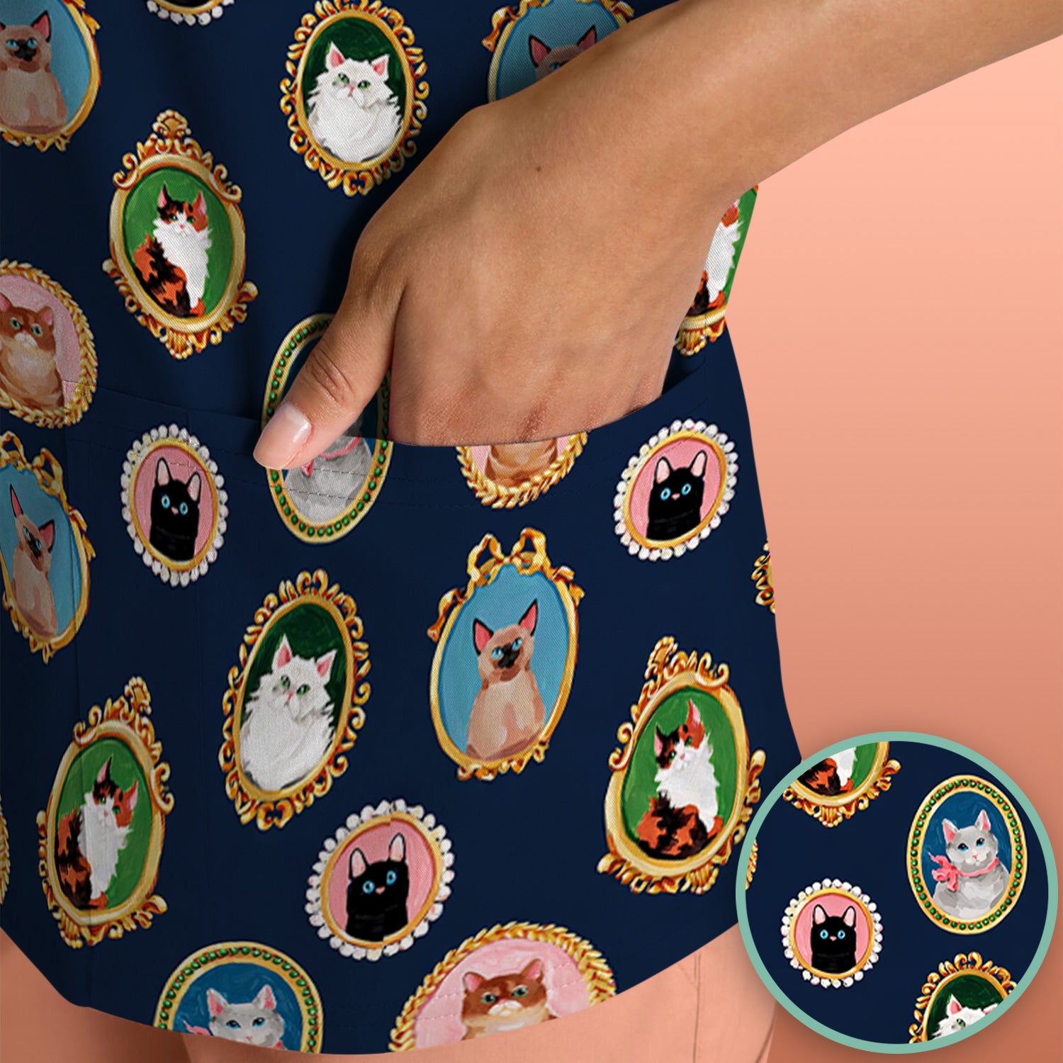 Vintage Cat Portrait Pattern Scrub Top, Breathable Medical Uniform Top