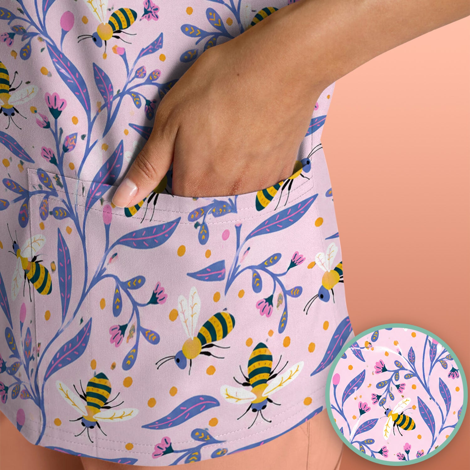 Cute Bumble Bee Floral Pattern Scrub Top, Comfortable Scrubs for Nurses