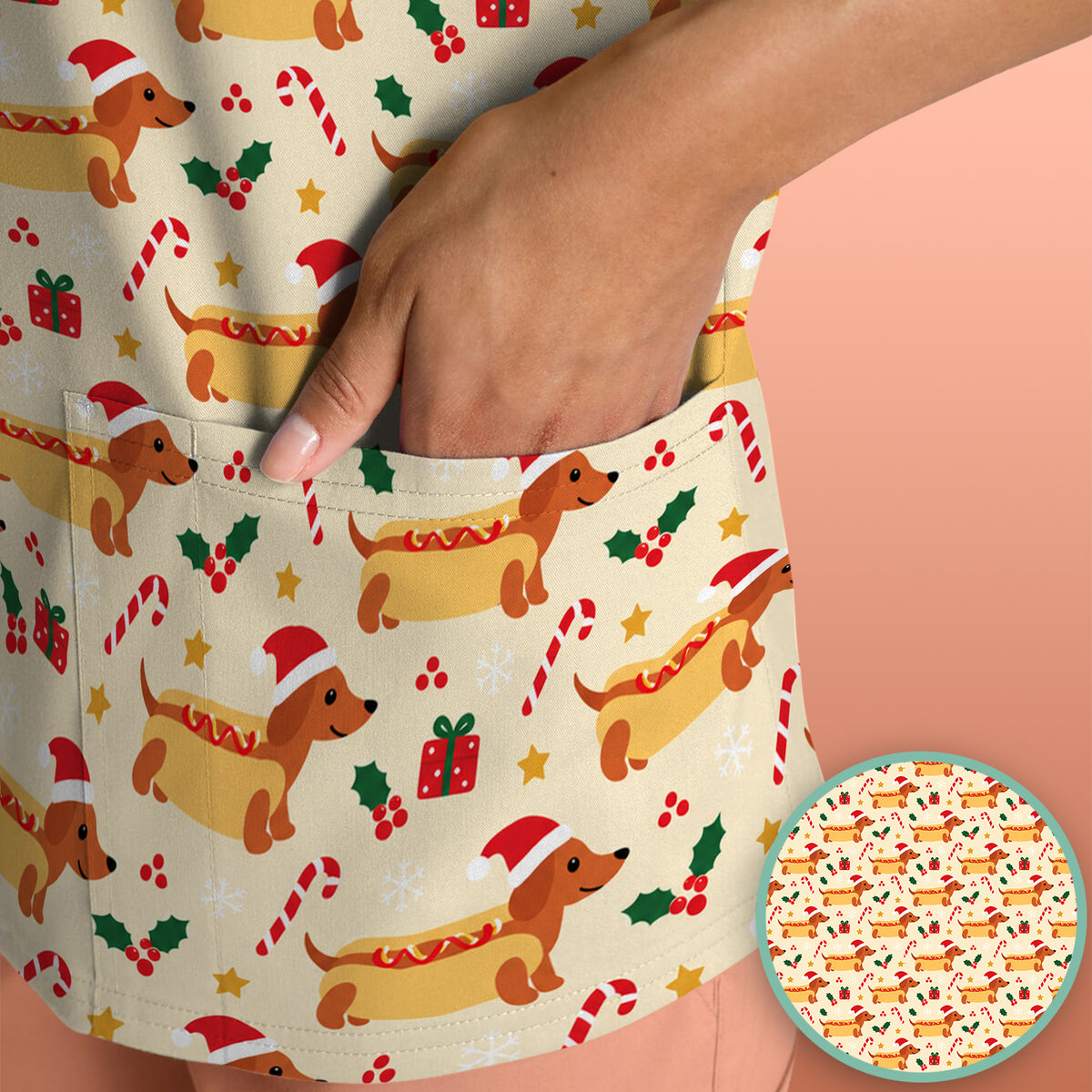 Funny Christmas Dachshund Hot Dog Scrub Top, Comfortable Scrubs for Nurses