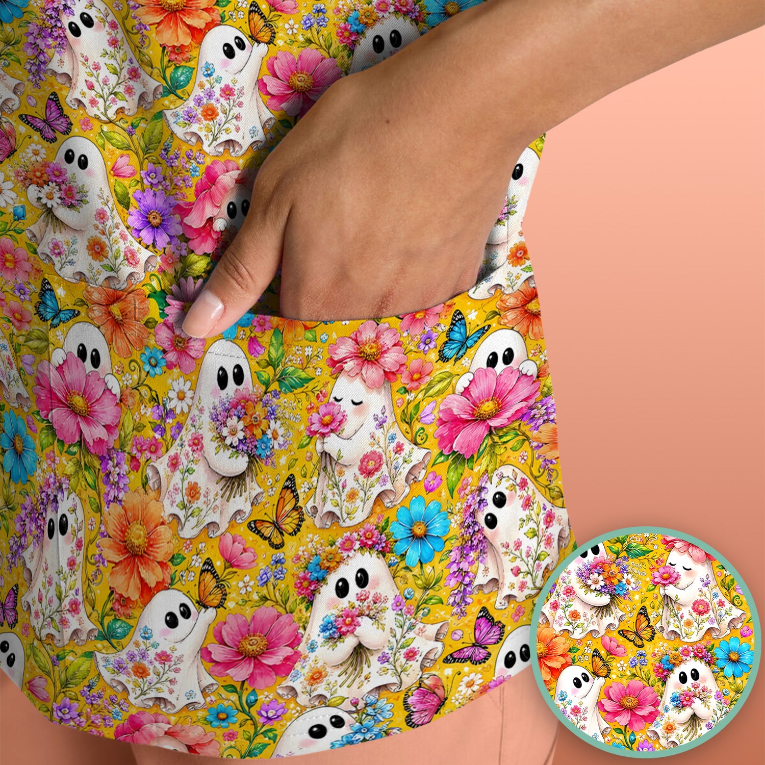 Cute Floral Ghosts And Butterflies Scrub Top, Comfortable Scrubs for Nurses