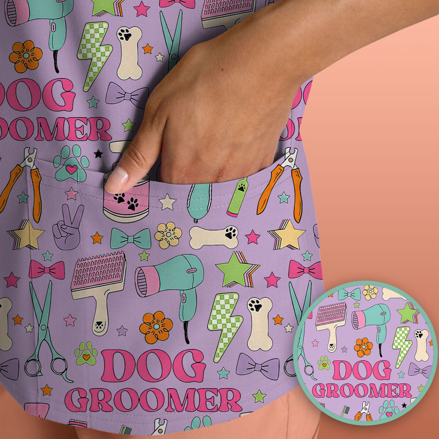 Dog Groomer Tools Pattern Nursing Scrub Top, Comfortable Scrubs for Nurses