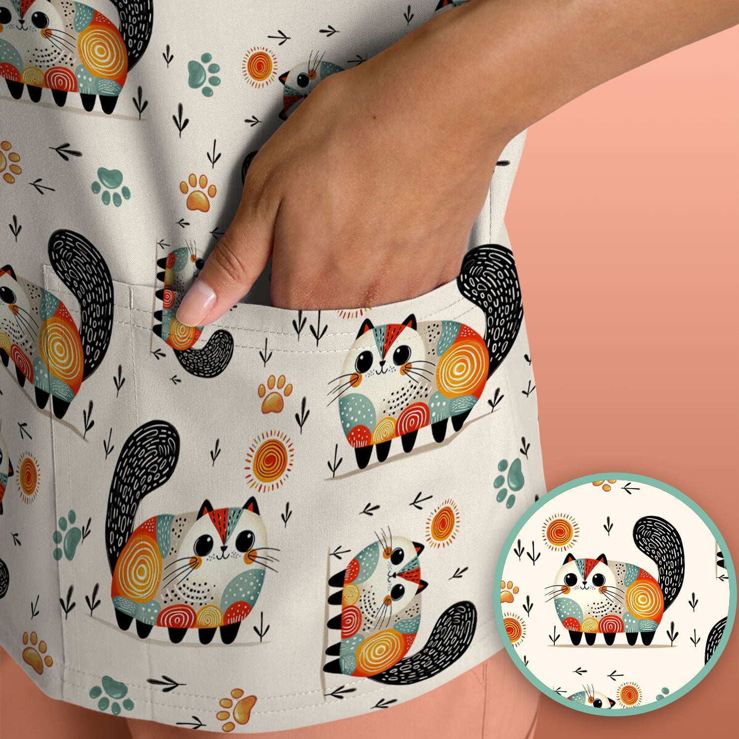 Playful Cat Illustration Nurse Scrub Top, Comfortable Scrubs for Nurses