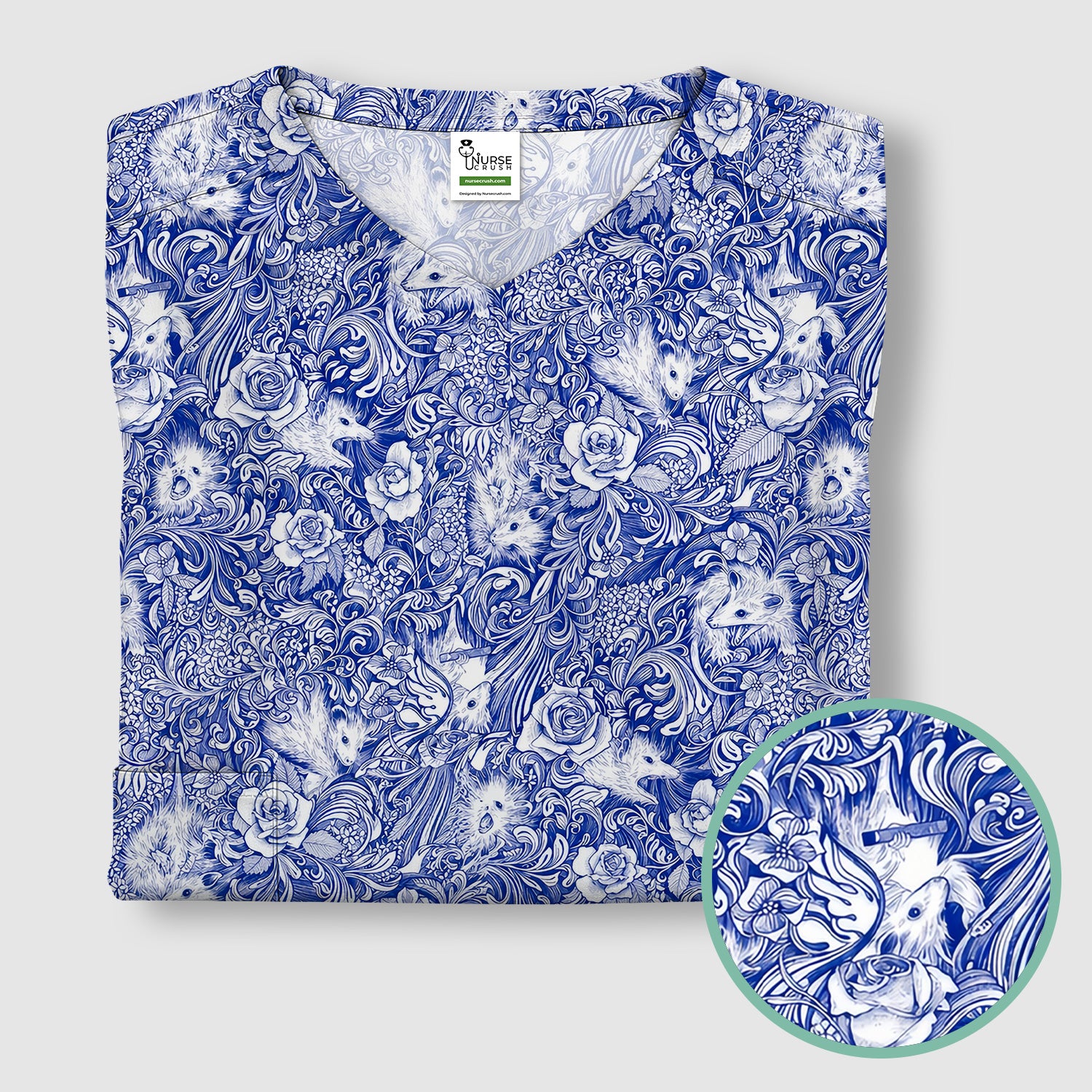Blue Toile Opossum Floral Pattern Scrub Top, Comfortable Scrubs for Nurses