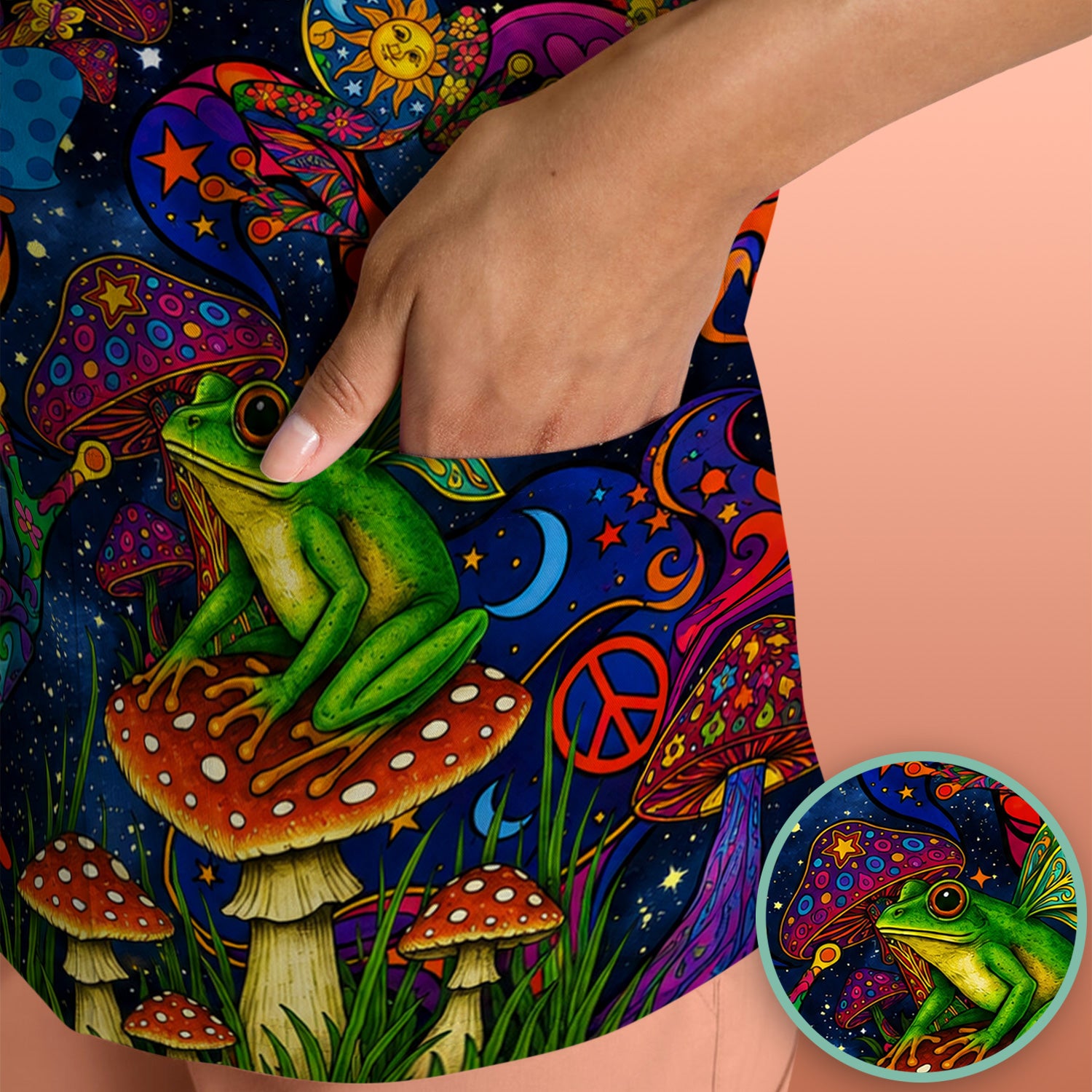 Psychedelic Frog with Mushroom Peace Print Scrub Top, Comfortable Scrubs for Nurses