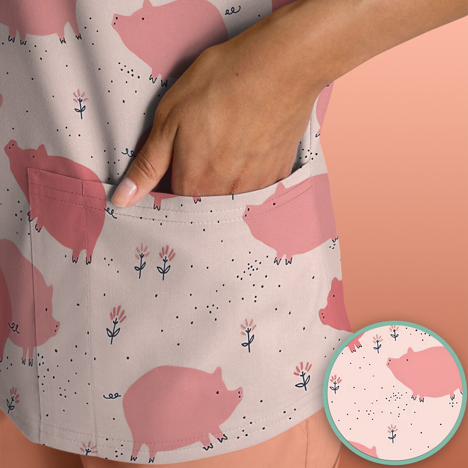 Pink Pig Farm Pattern Scrub Top, Comfortable Scrubs for Nurses