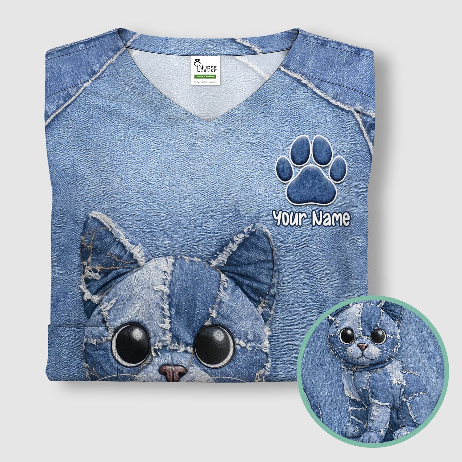Personalized Patchwork Denim Cat Nurse Pattern Scrub Top, Breathable Fabrics Nursing Uniform