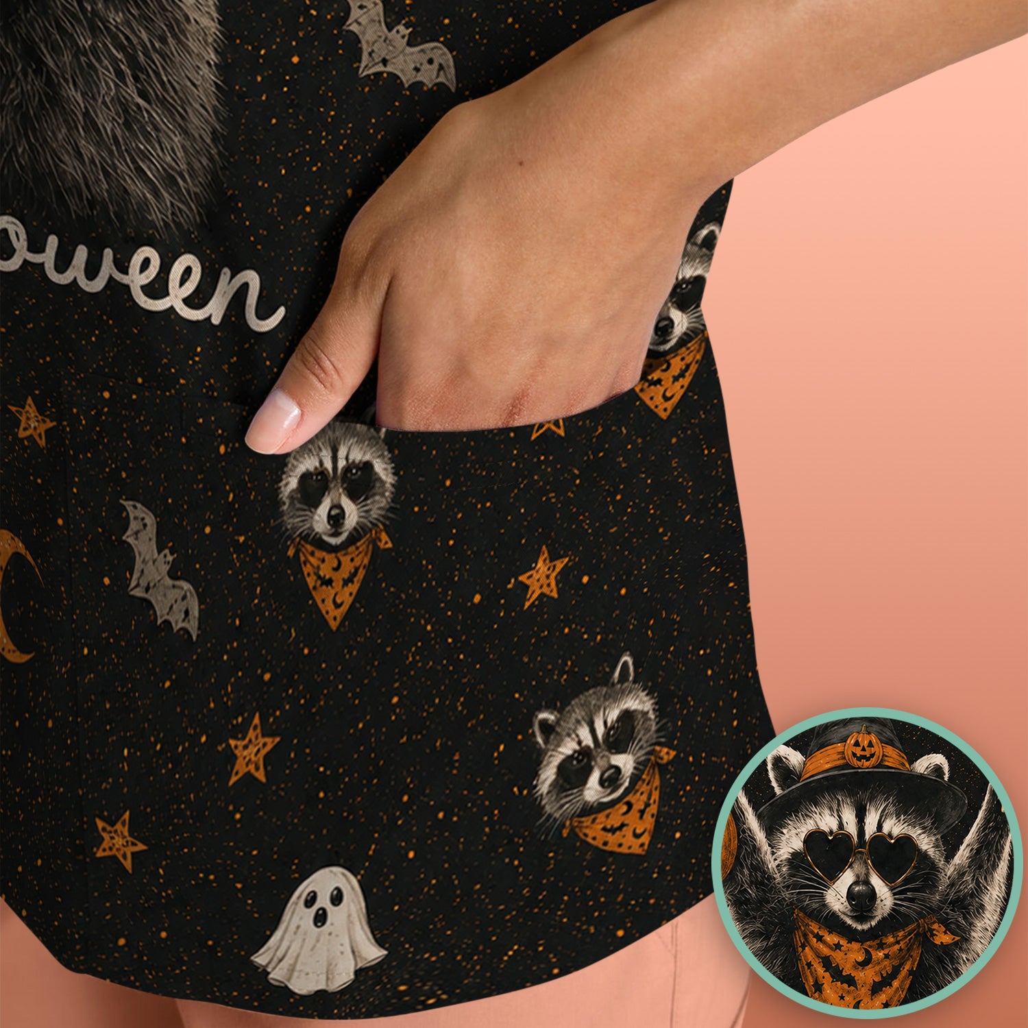 Ghost Pumpkin Raccoon Pattern Scrub Top, Comfortable Scrubs for Nurses