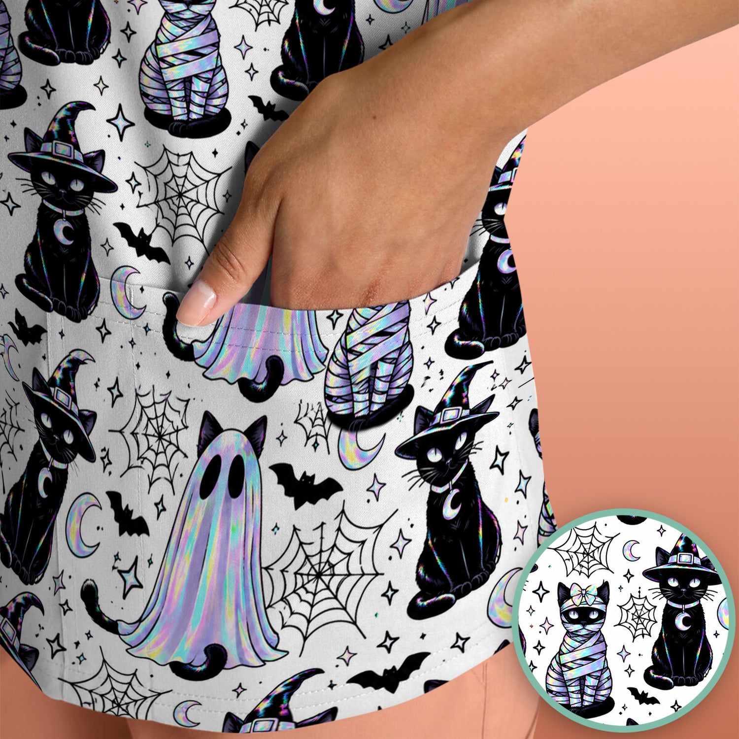 Ghost Witch Cat Pattern Scrub Top, Comfortable Scrubs for Nurses