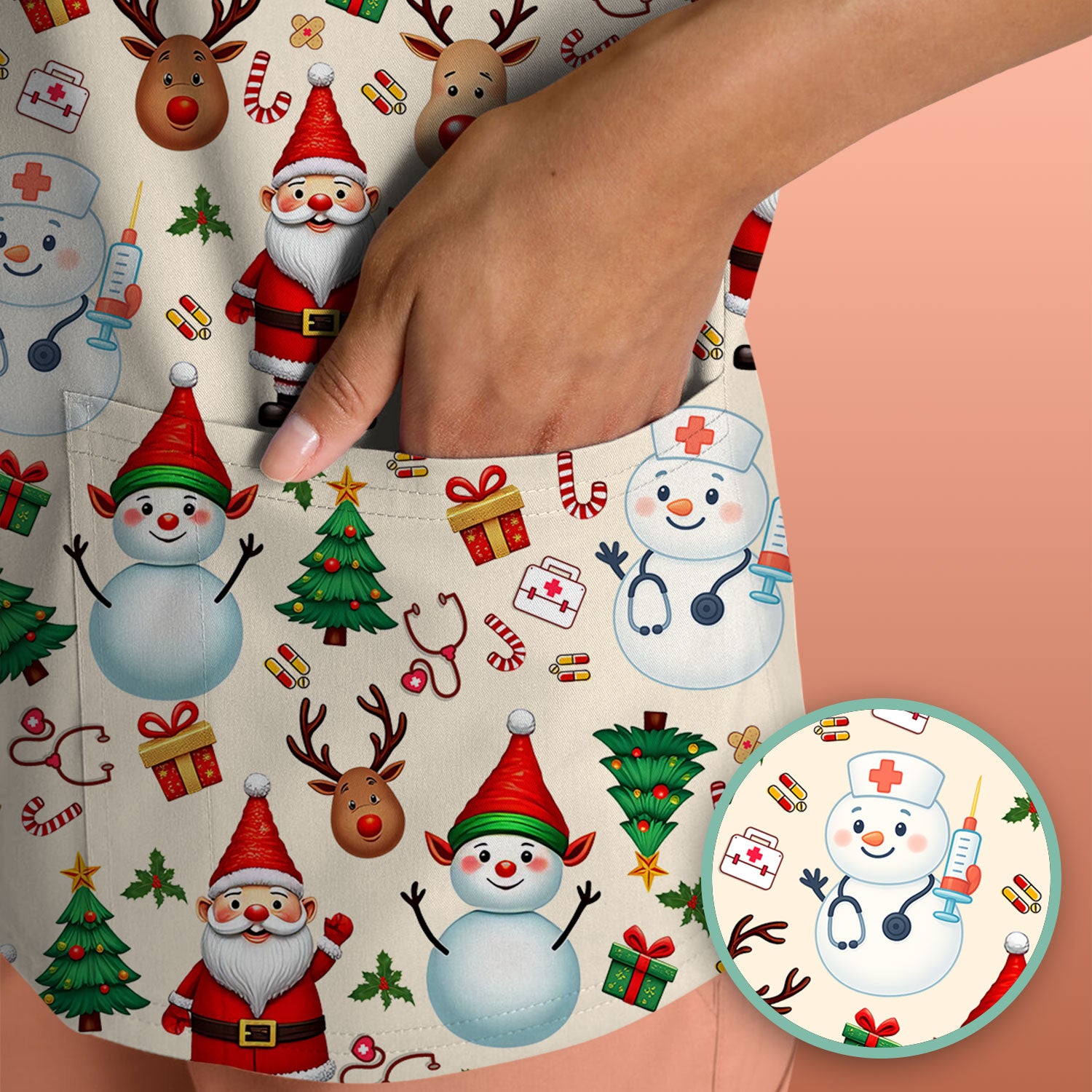 Christmas Nurse Scrub Top - Cute Snowman Santa Reindeer Pattern Medical Shirt - Festive Holiday Scrubs for Women RN CNA LPN