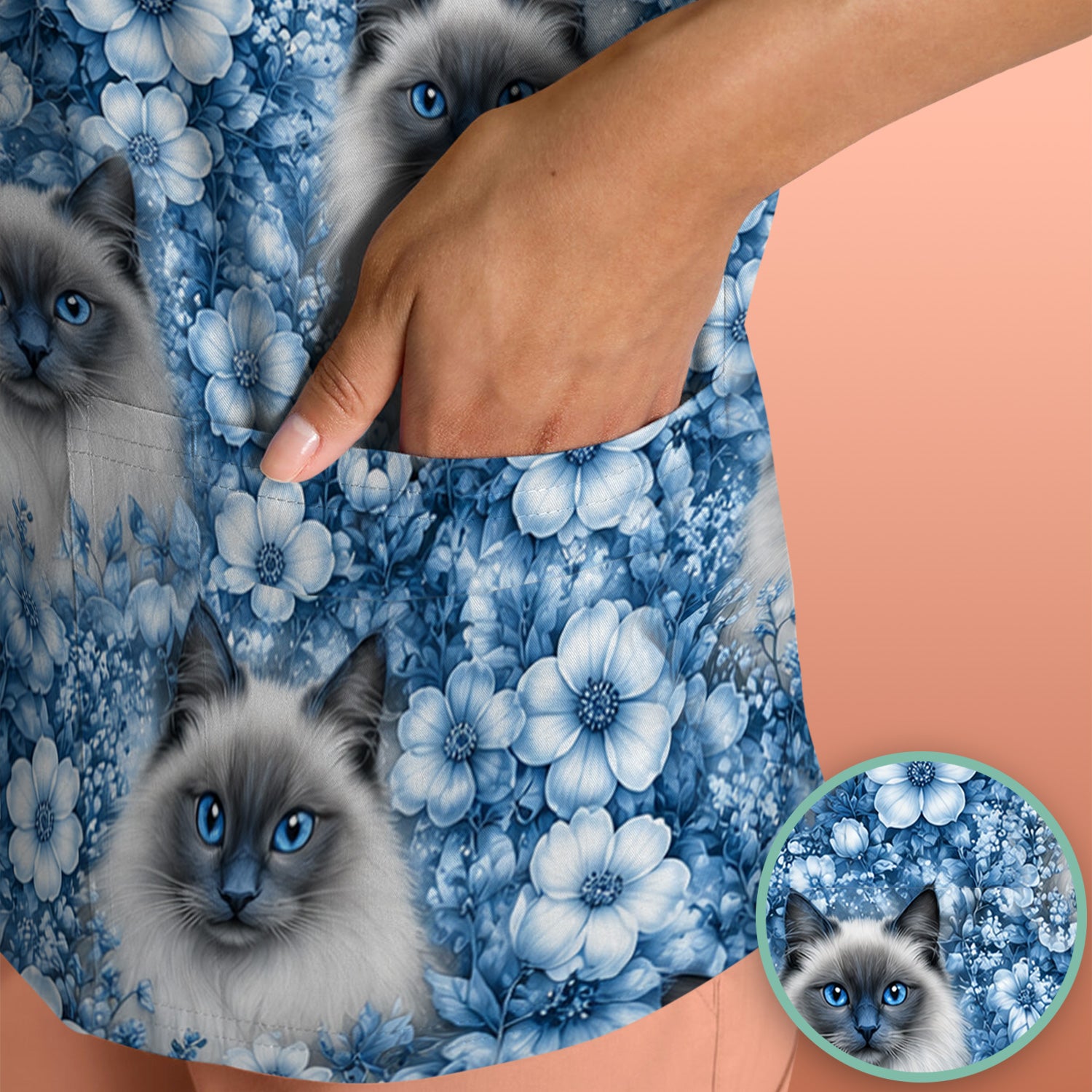 Blue Floral Ragdoll Cat Pattern Scrub Top, Comfortable Scrubs for Nurses
