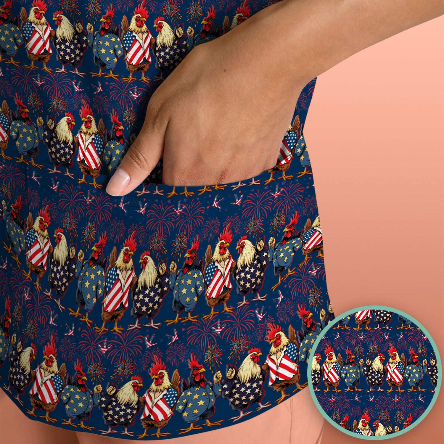 Patriotic Rooster Fireworks Pattern Scrub Top, Comfortable Scrubs for Nurses