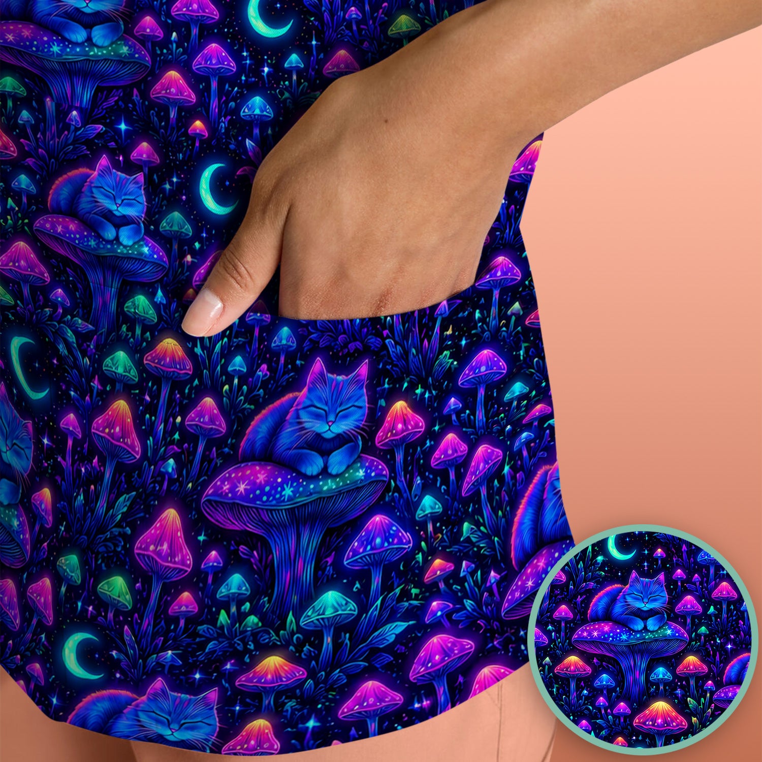 Neon Mushroom Cat Galaxy Scrub Top, Psychedelic Night Forest Nursing Uniform
