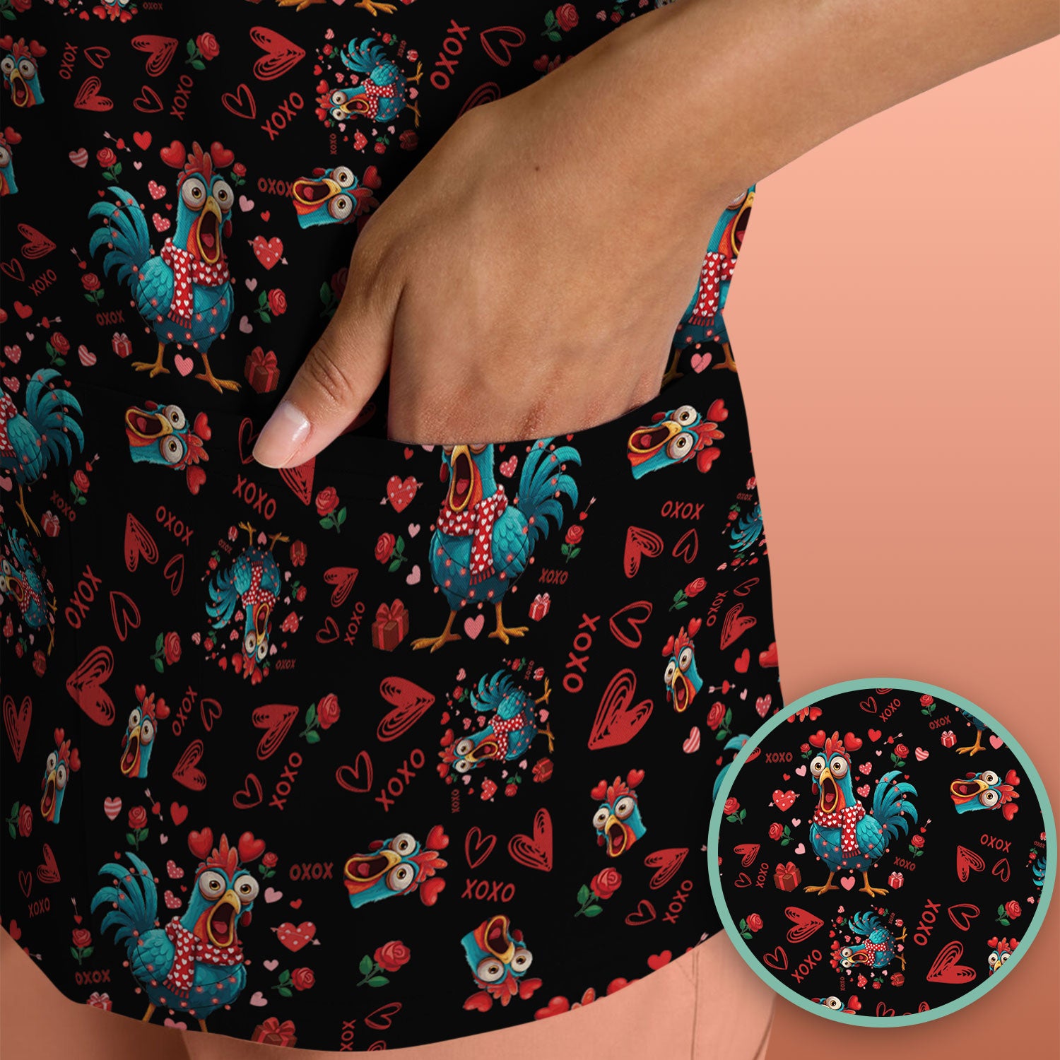 Funny Rooster Valentine Scrub Top, Cute Chicken XOXO Heart Pattern Nurse Shirt, Breathable Fabrics Nursing Uniform