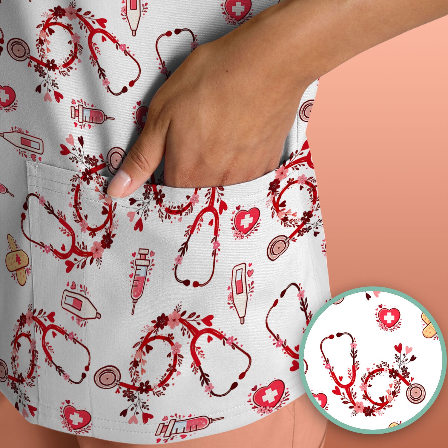 Heart Stethoscope Medical Pattern Scrub Top, Breathable Fabrics Nursing Uniform