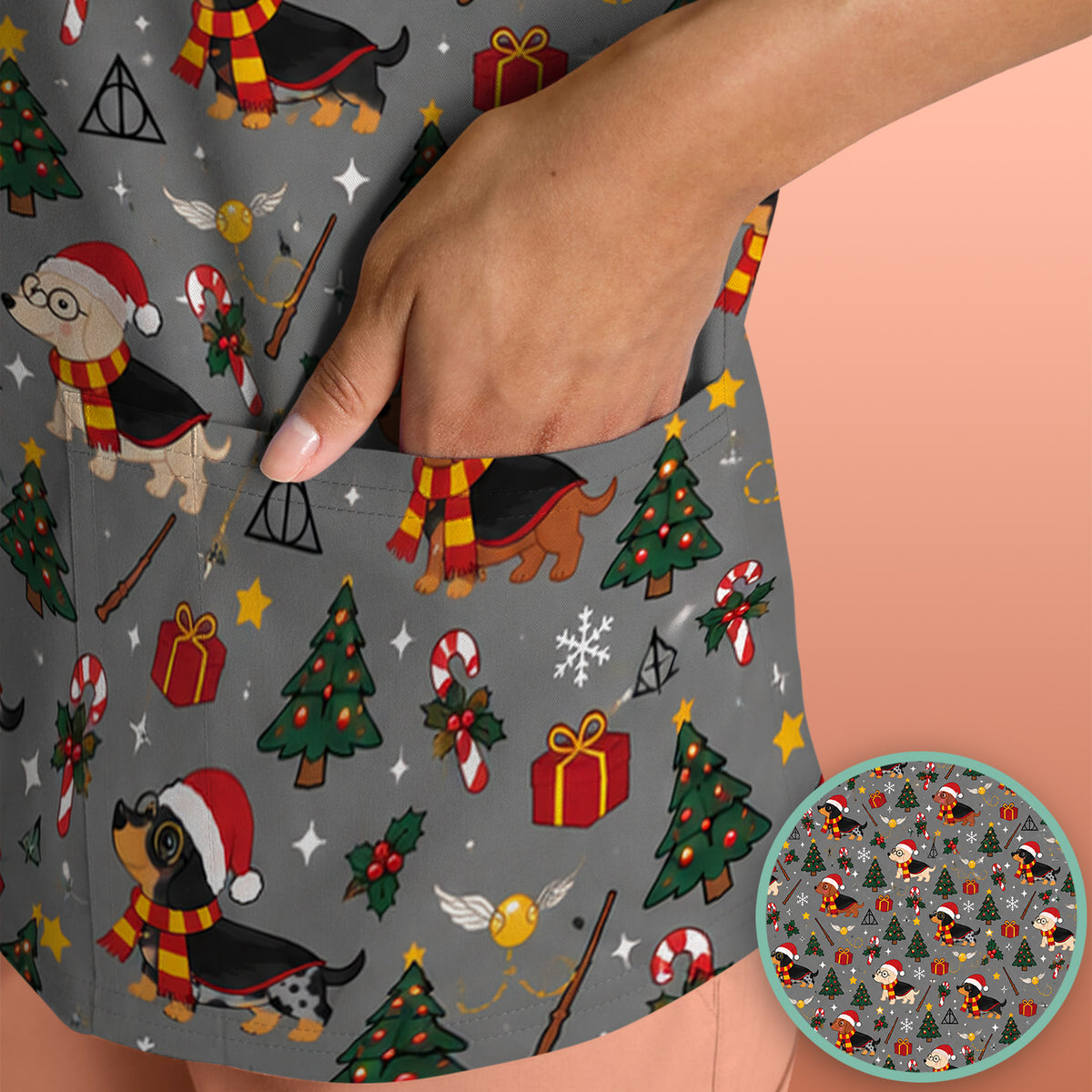 Christmas Wizard Dachshunds Pattern Scrub Top, Comfortable Scrubs for Nurses