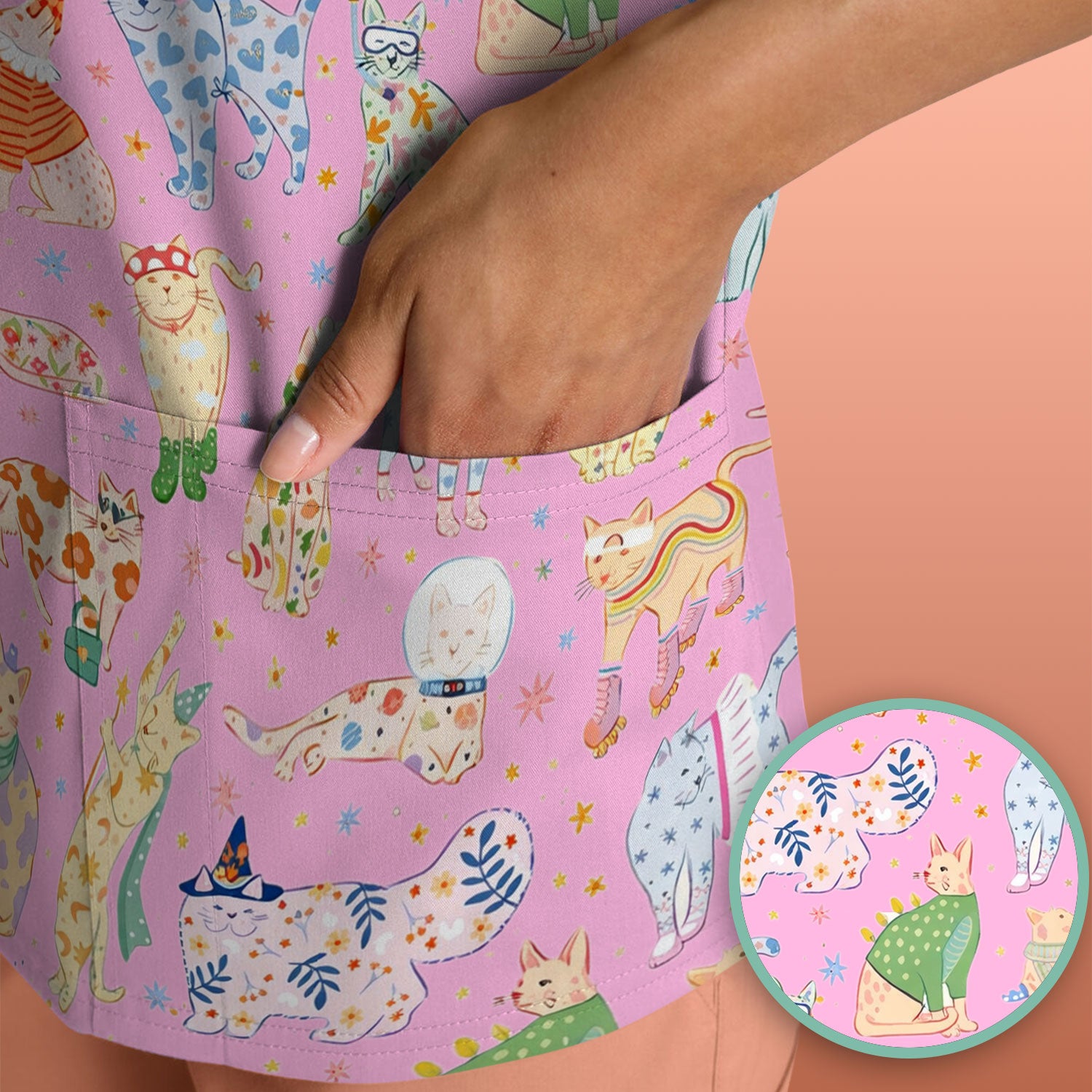 Colorful Pastel Cartoon Cats Print Scrub Top, Breathable Fabrics Nursing Uniform
