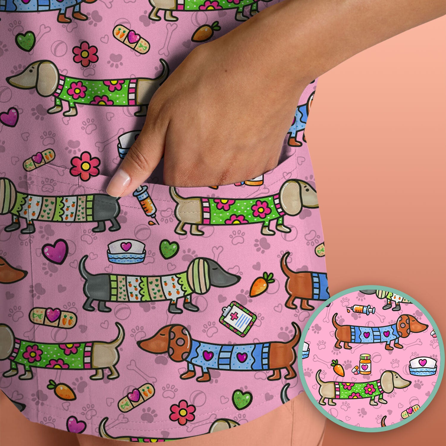 Cute Dachshund Nurse Scrub Top, Funny Wiener Dog Nursing Shirt, Breathable Fabrics Nursing Uniform