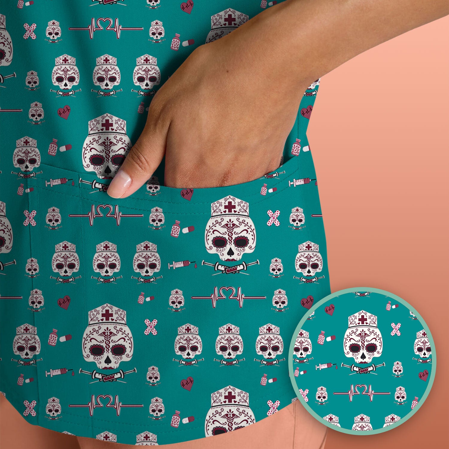 Sugar Skull Scrub Top, Skull Pattern Scrub Shirt, Breathable Fabrics Nursing Uniform