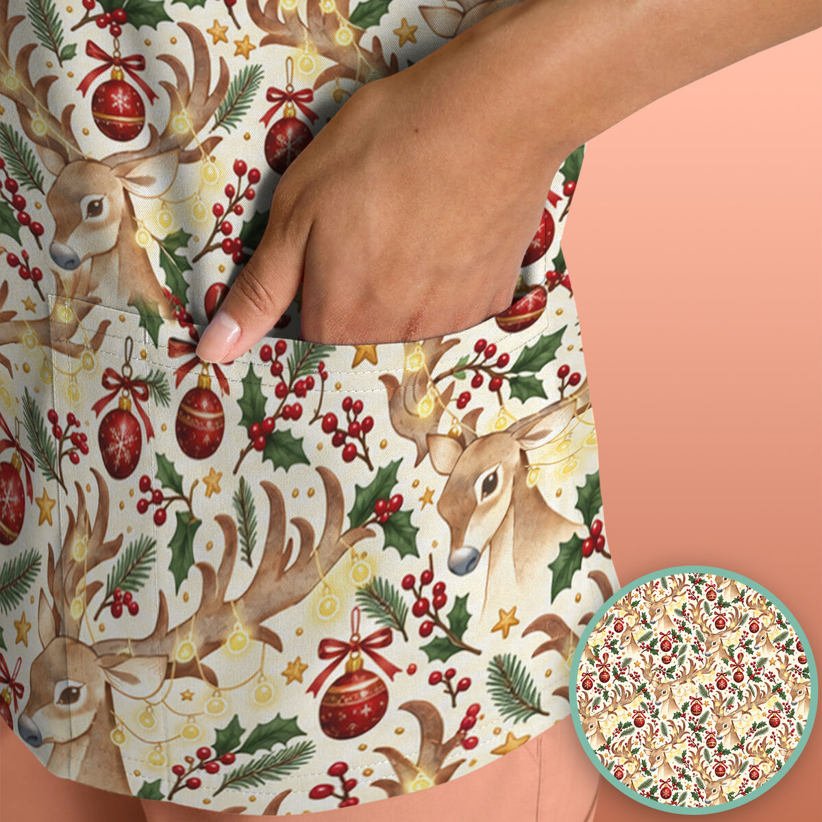 Christmas Reindeer And Holly Scrub Top, Comfortable Scrubs for Nurses