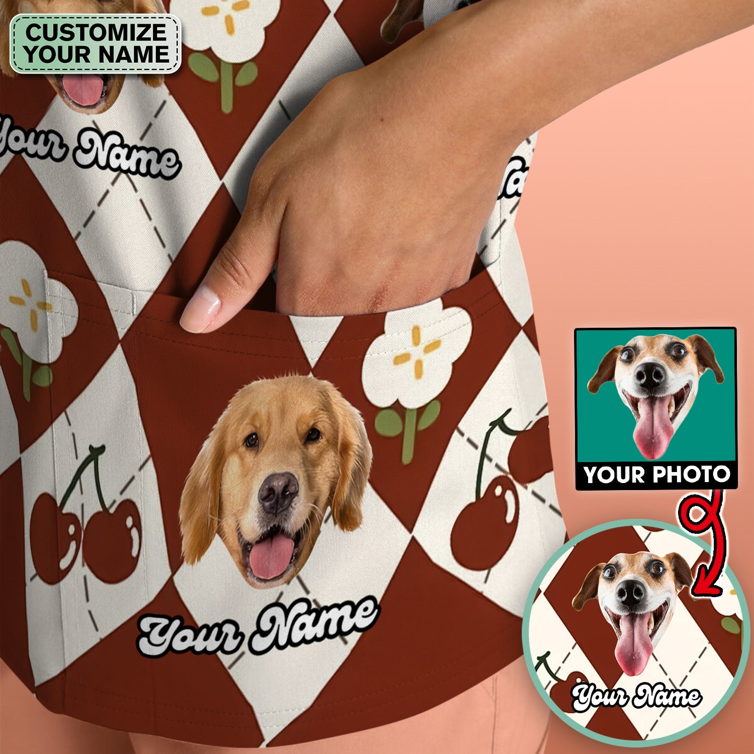 Custom Dog Face Scrub Top, Playful Dog Cherry Argyle Pattern Shirt, Comfortable Scrubs for Nurses