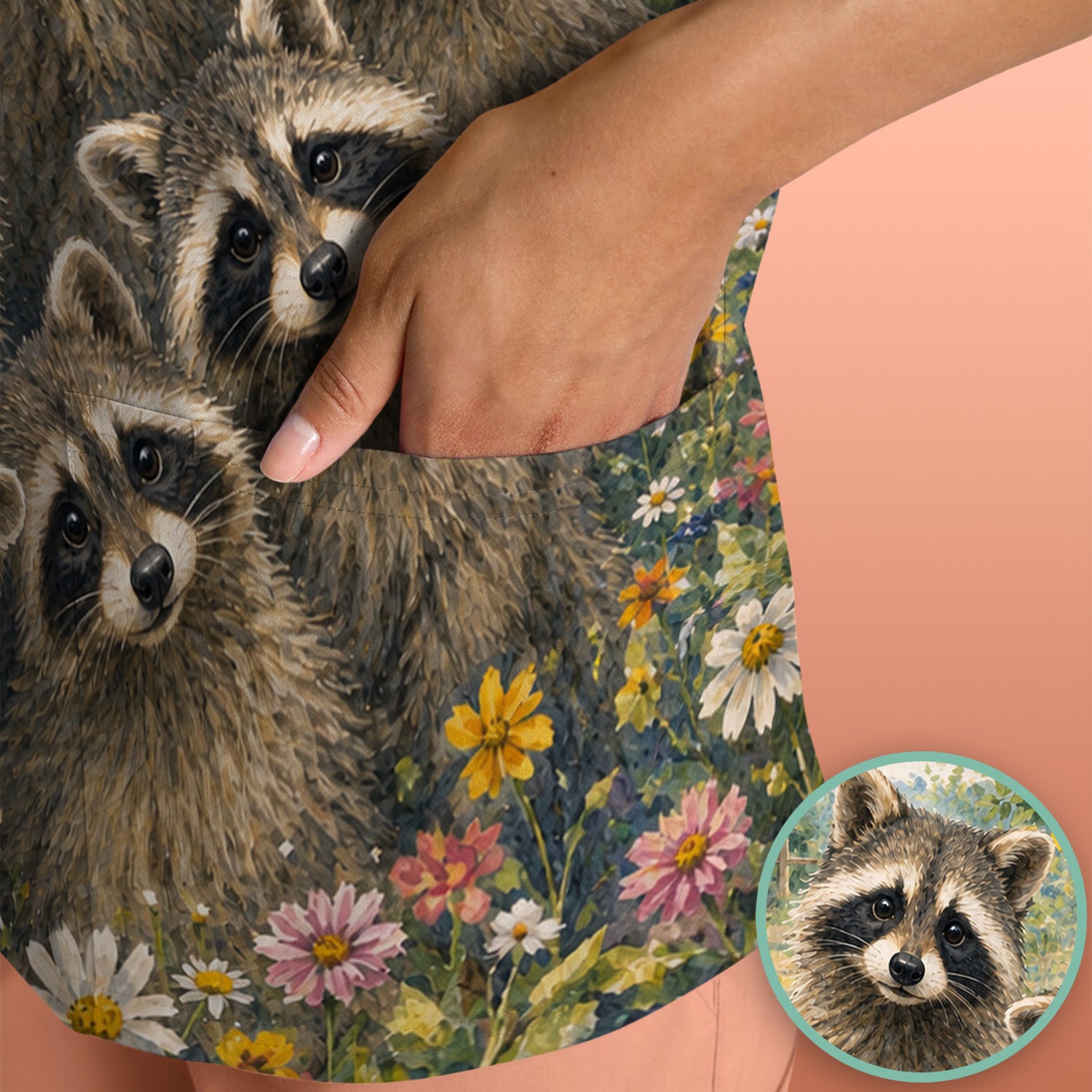 Adorable Raccoon Family Garden Pattern Scrub Top, Comfortable Scrubs for Nurses