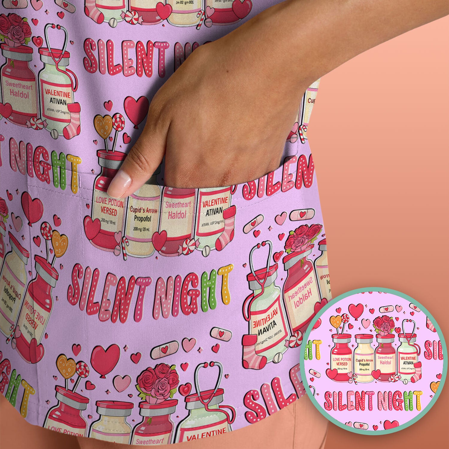 Valentine Silent Night Love Design Scrubs Top, Comfortable Scrubs for Nurses