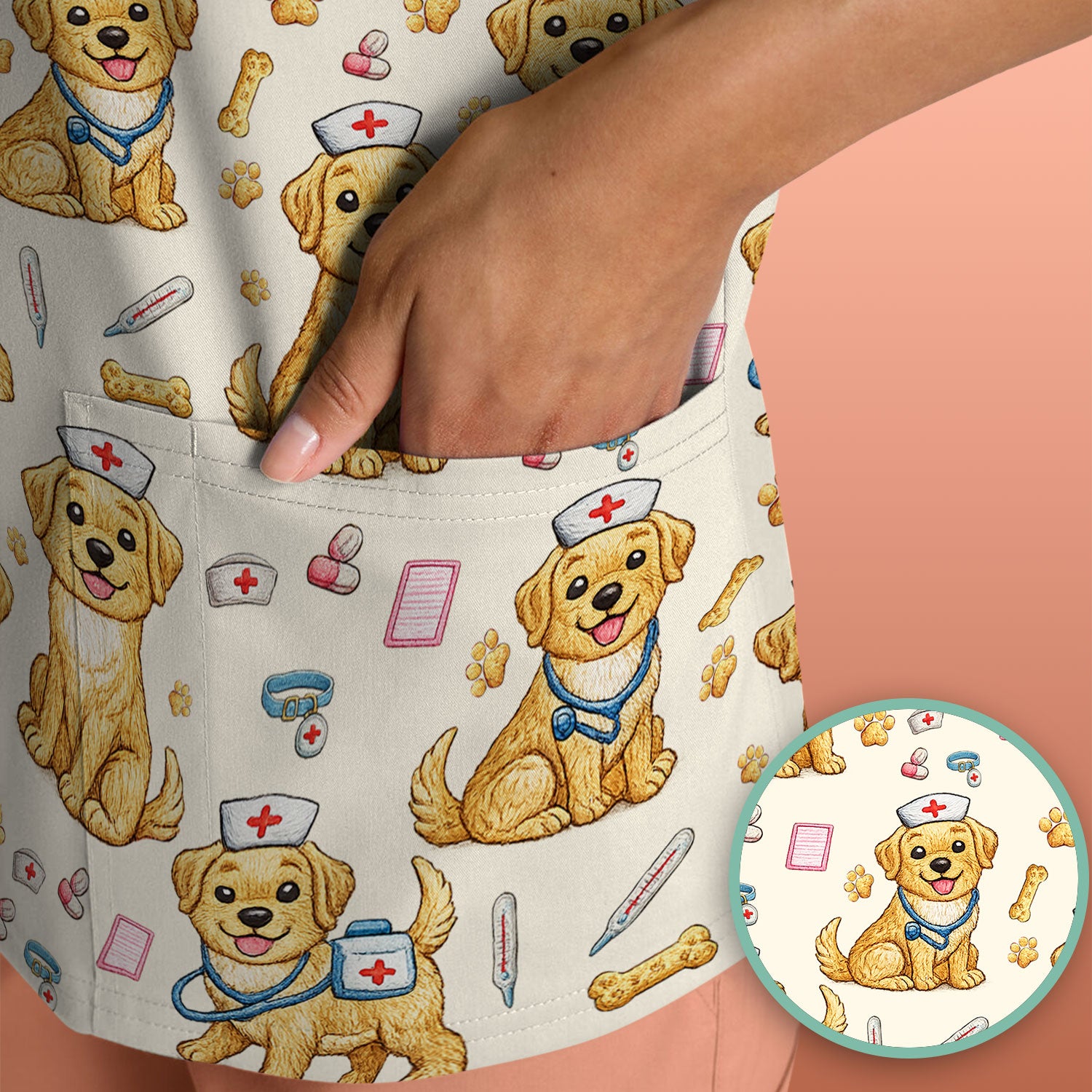Cute Puppy Nurse Medical Print Scrub Top, Comfortable Scrubs for Nurses