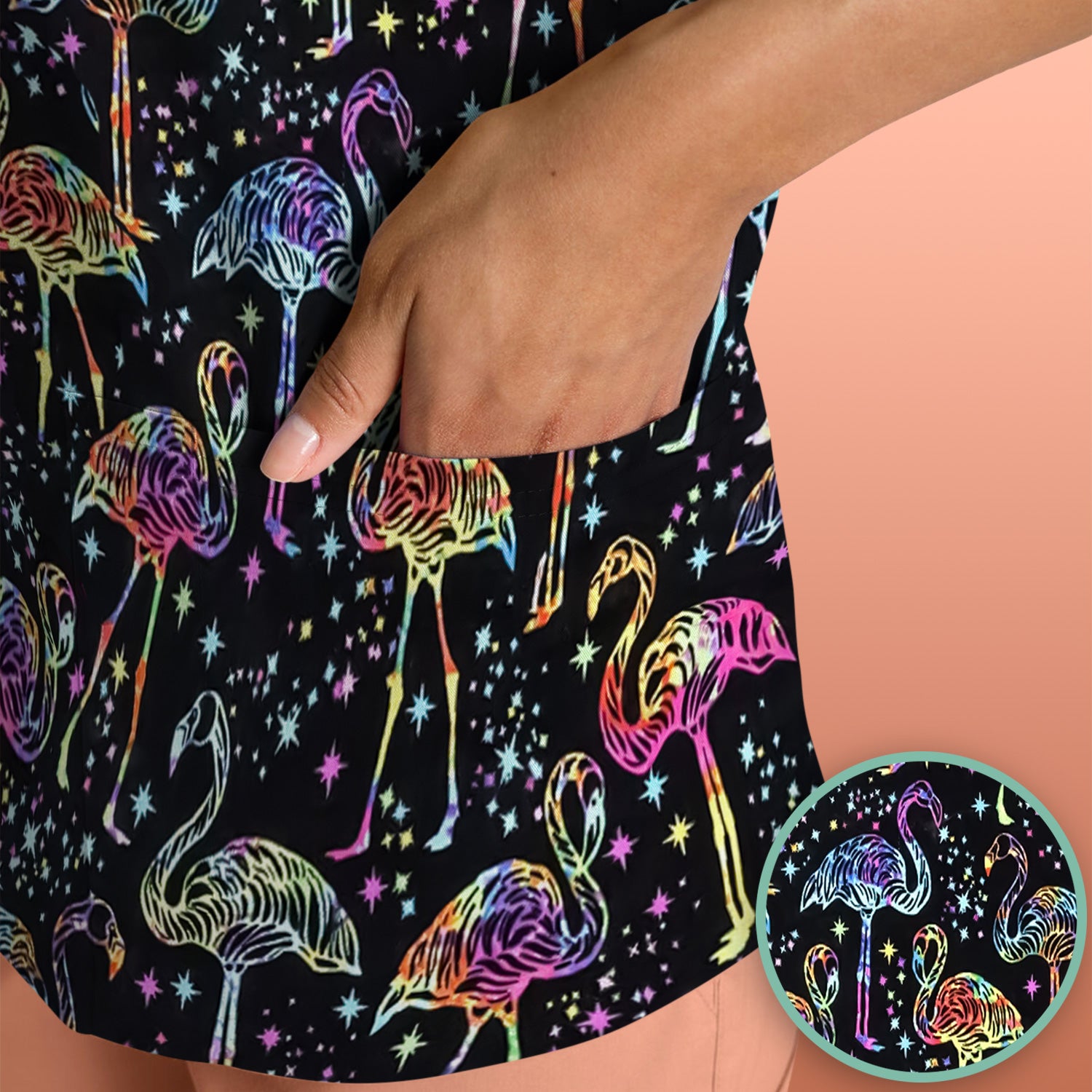 Neon Flamingo Starry Night Pattern Scrub Top, Comfortable Scrubs for Nurses