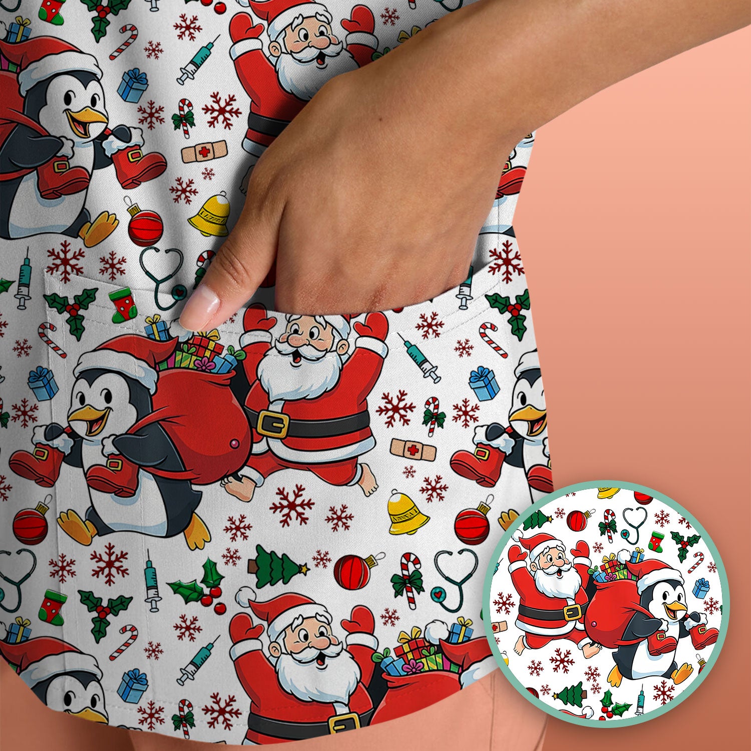 Funny Penguin Christmas Scrub Top - Santa Holiday Nurse Uniform for Women - Medical Gift for RN CNA LPN