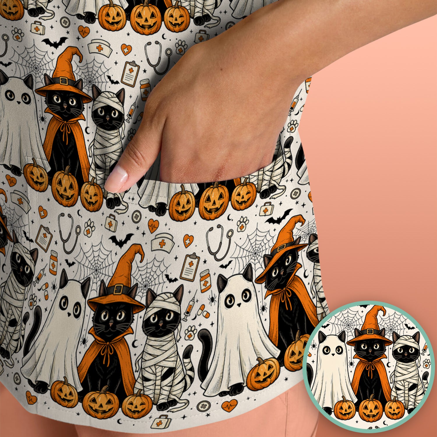 Spooky Halloween Costume Cats Scrub Top, Comfortable Scrubs for Nurses