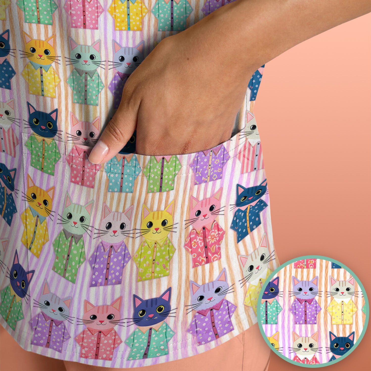 Cute Cat Pajama Pattern Scrub Top, Soft Nursing Workwear Top