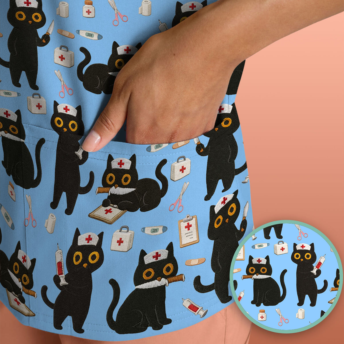Cute Black Cat Nurse Pattern Scrub Top, Comfortable Scrubs for Nurses