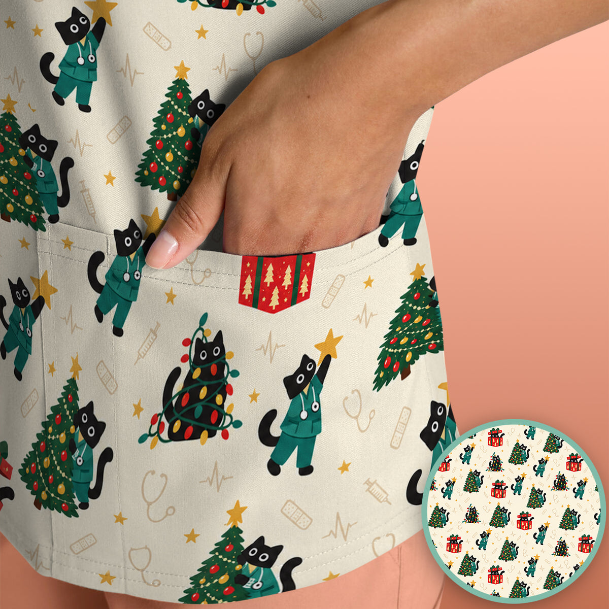 Christmas Black Nurse Cats And Trees Scrub Top, Comfortable Scrubs for Nurses