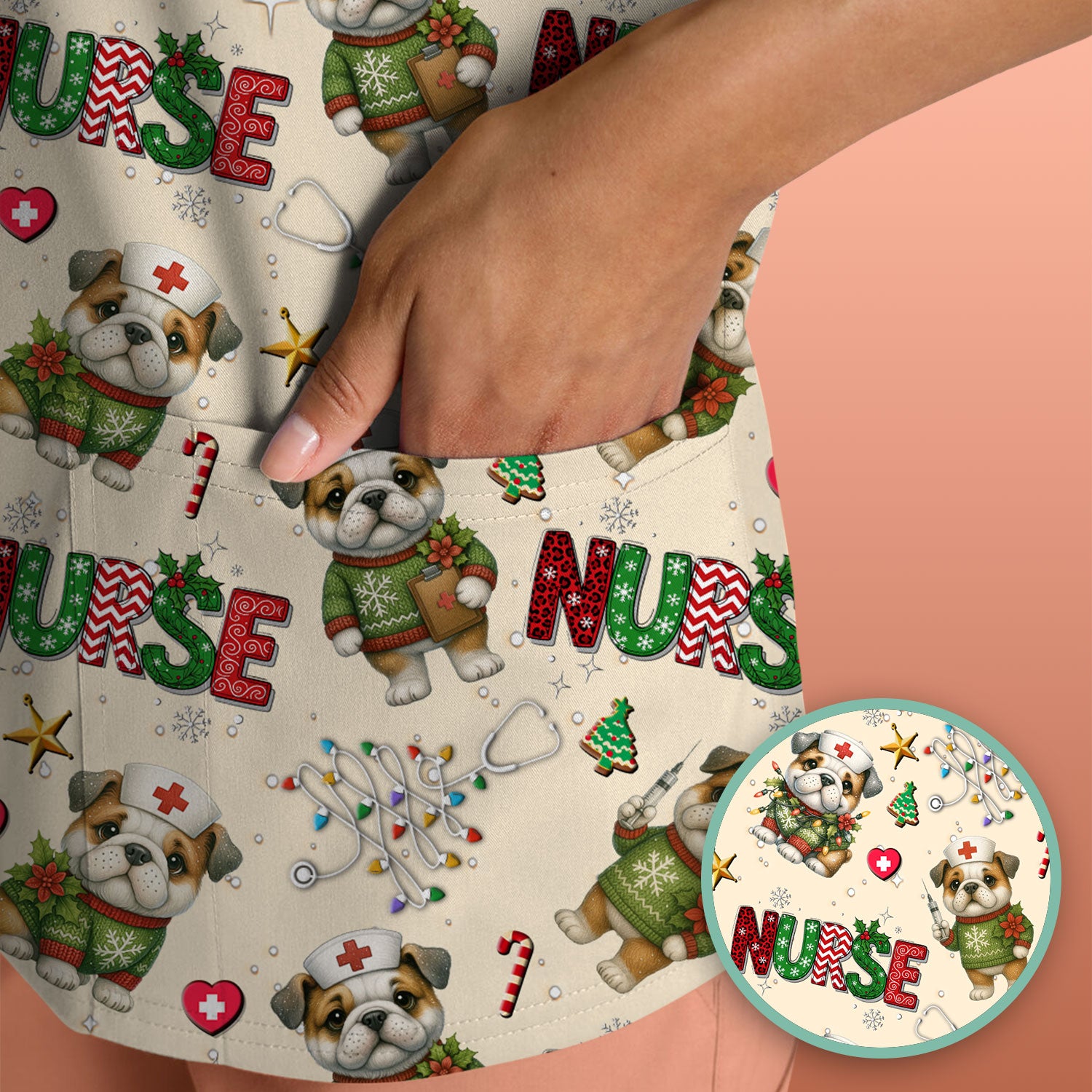 Bulldog Christmas Nurse Scrub Top - Funny Dog Scrub Shirt - Cute Holiday Medical Uniform for Women RN LPN CNA Gift