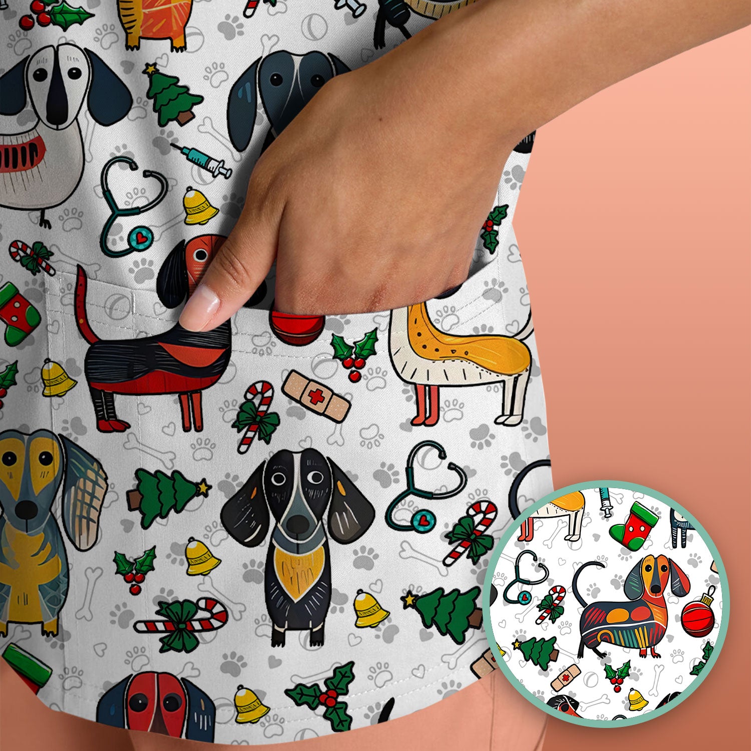 Dachshund Christmas Scrub Top - Cute Wiener Dog Nurse Uniform for Women - Holiday Medical Shirt
